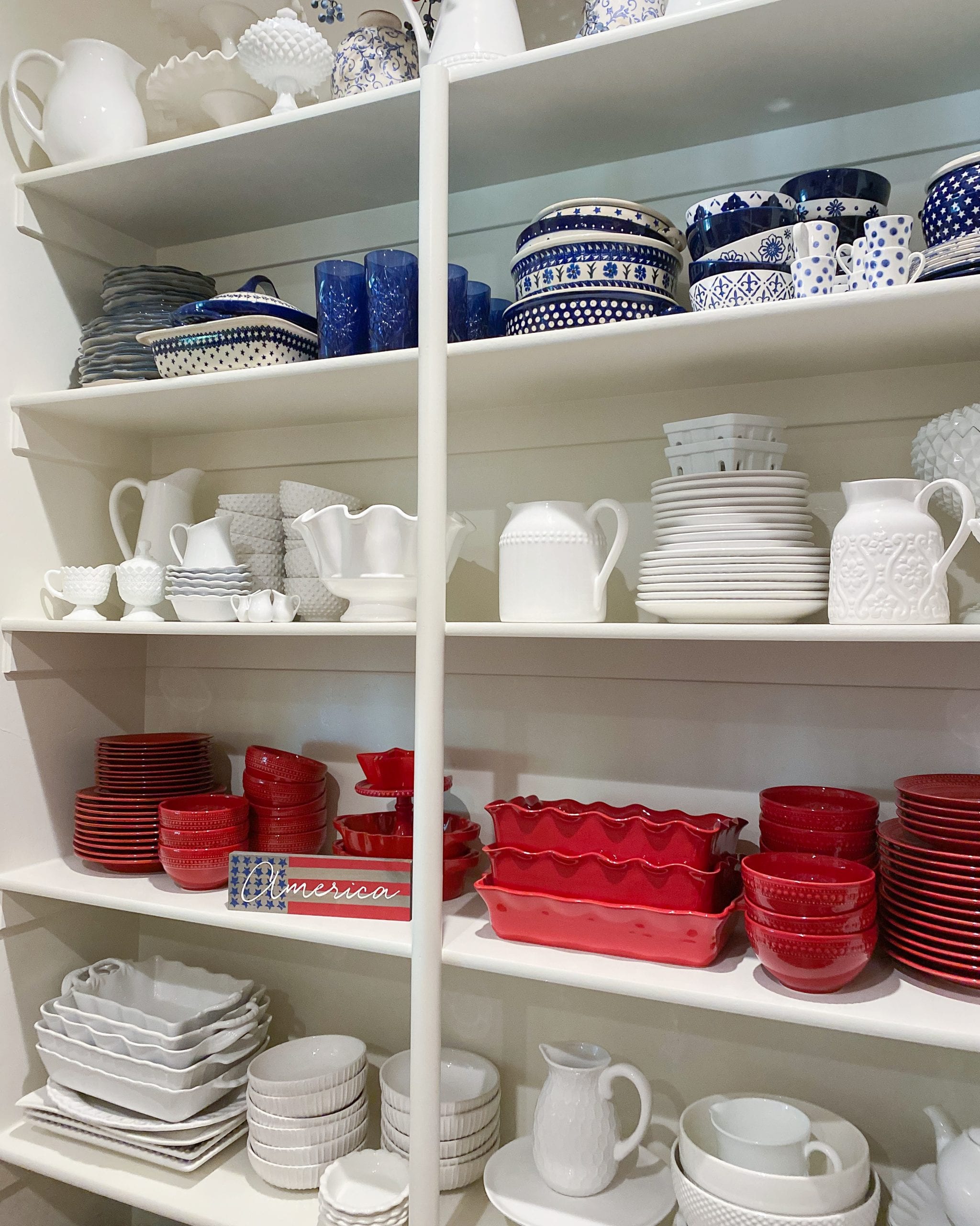 red white and blue dish organization