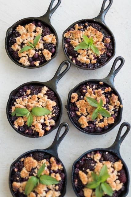 mini cast iron blueberry cobblers