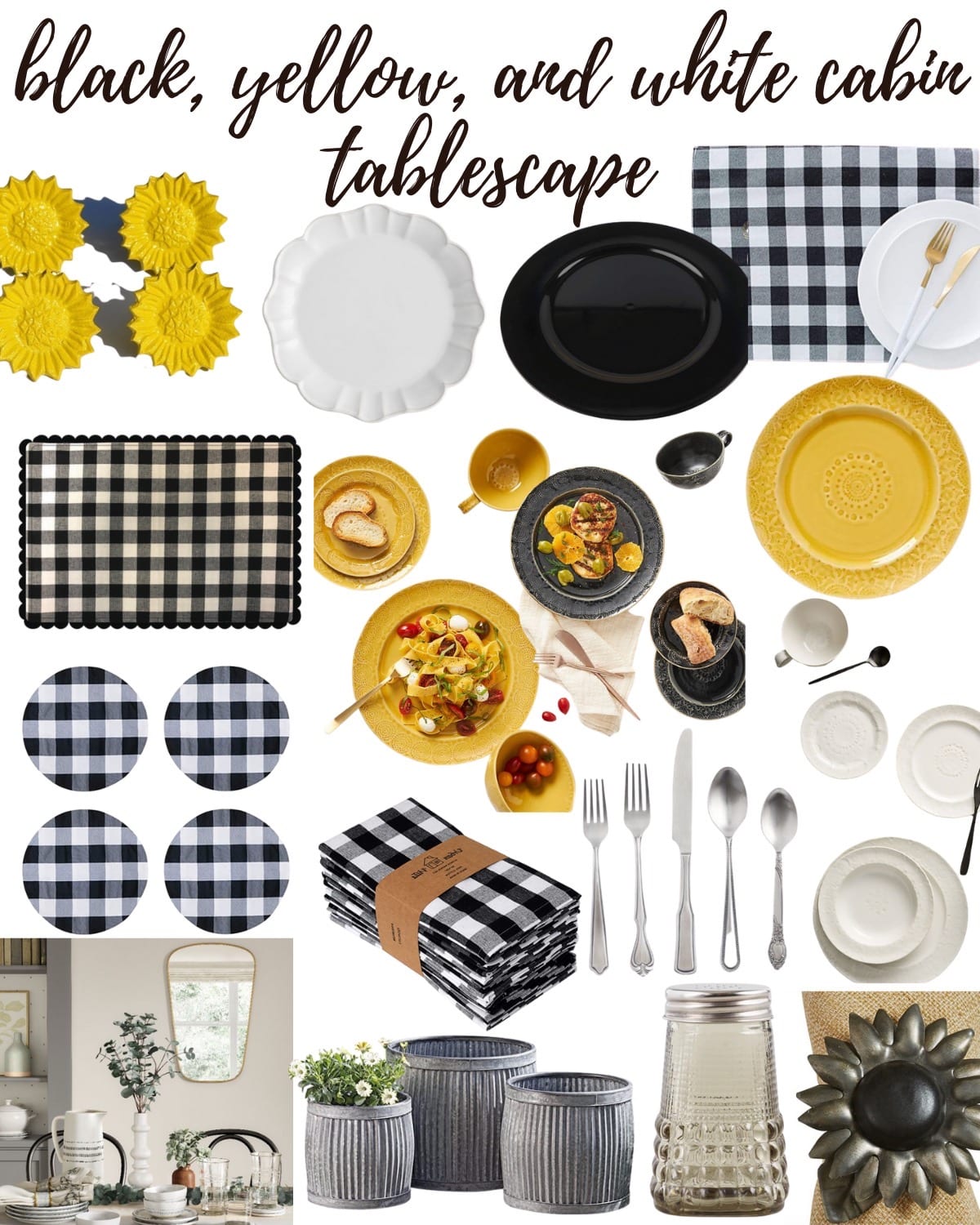 sources for black white yellow cabin tablescape