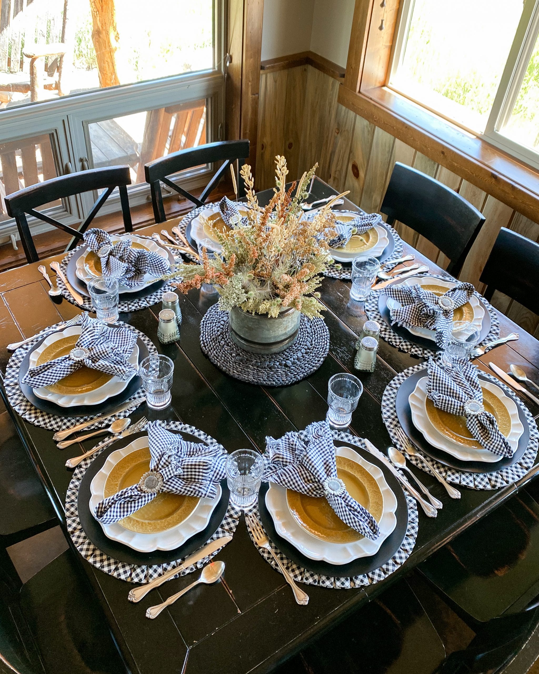 Cabin Tablescape  Black, Yellow, and White Table Decor