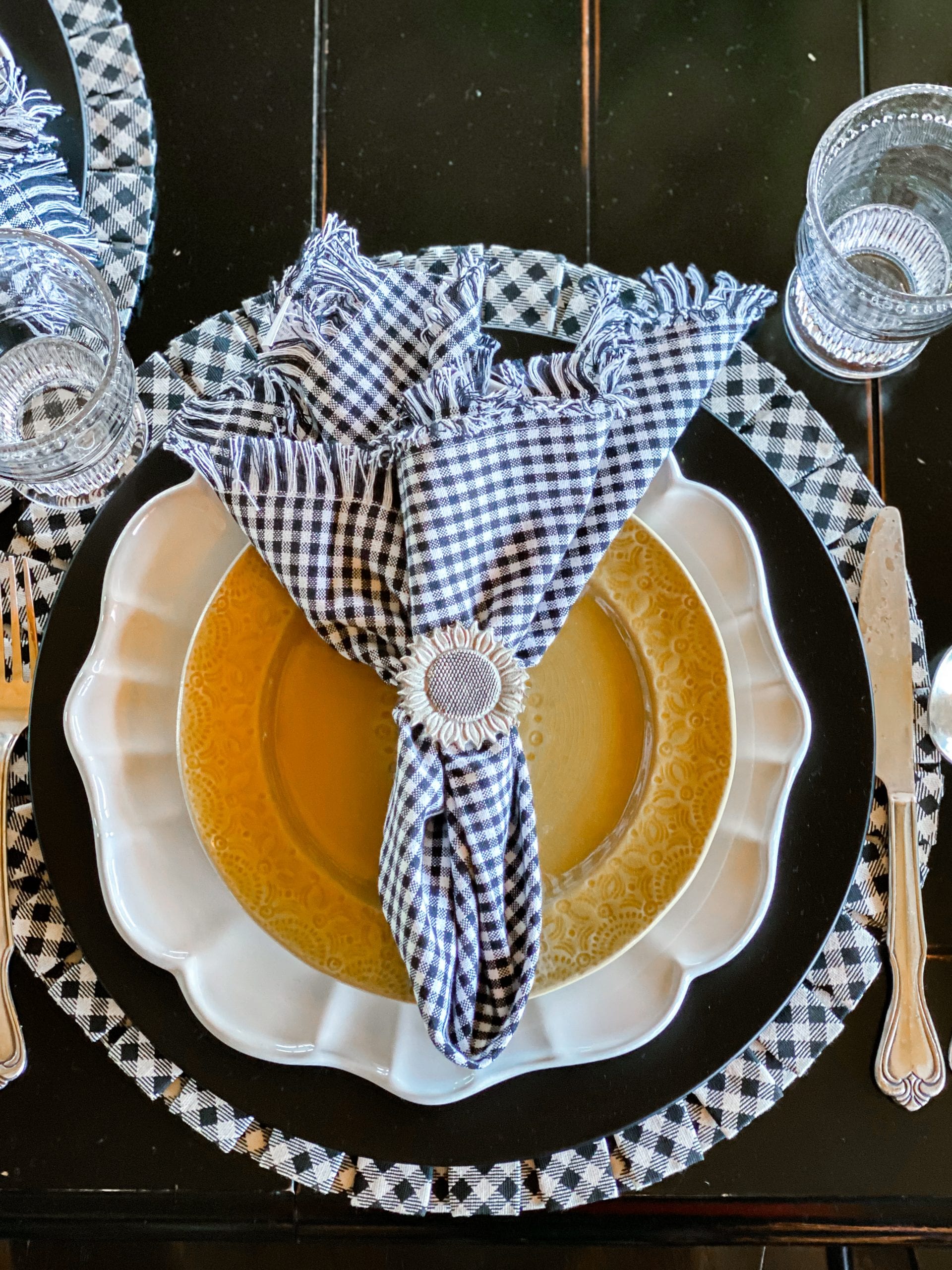 Cabin Tablescape  Black, Yellow, and White Table Decor