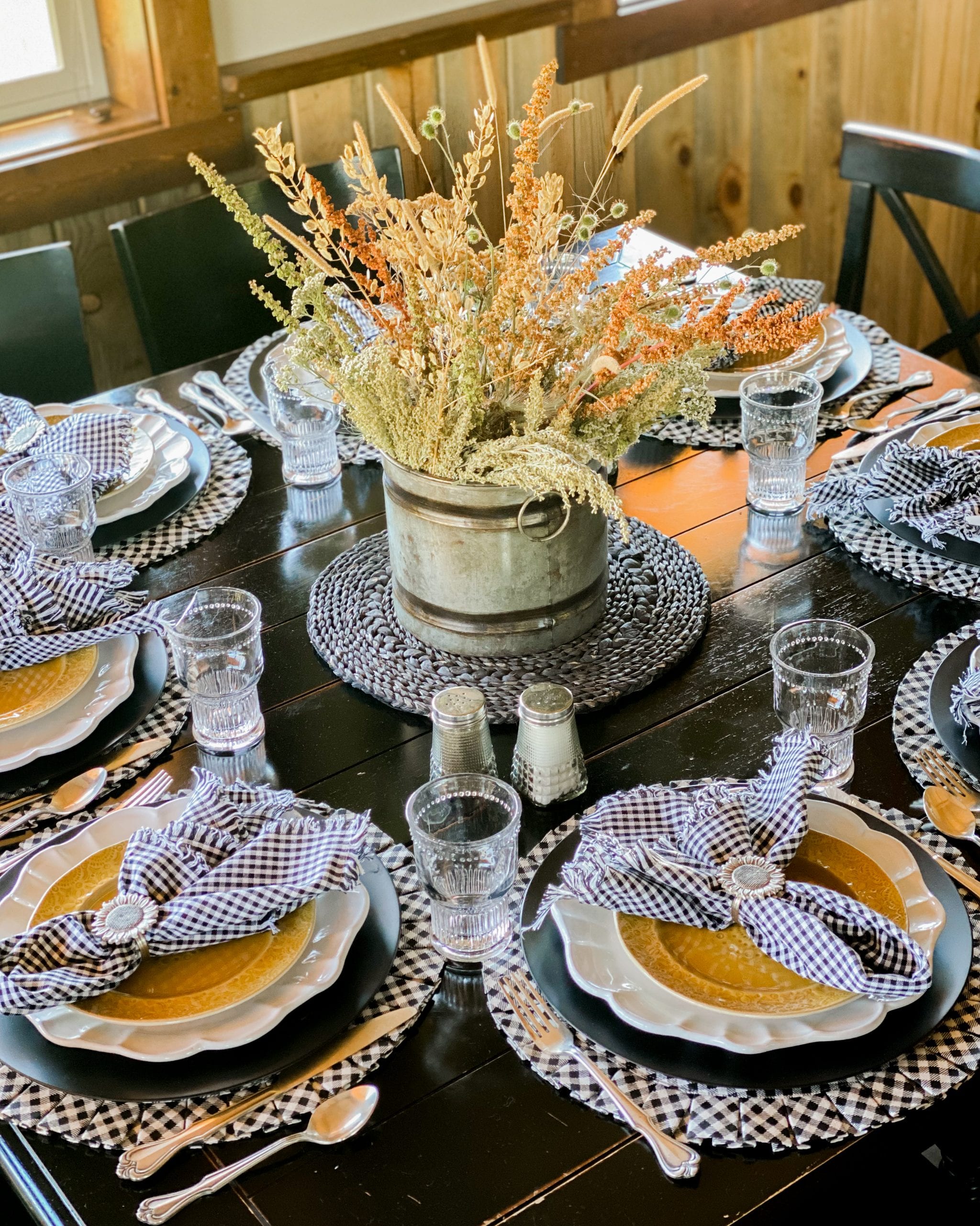 black white yellow fall cabin table setting