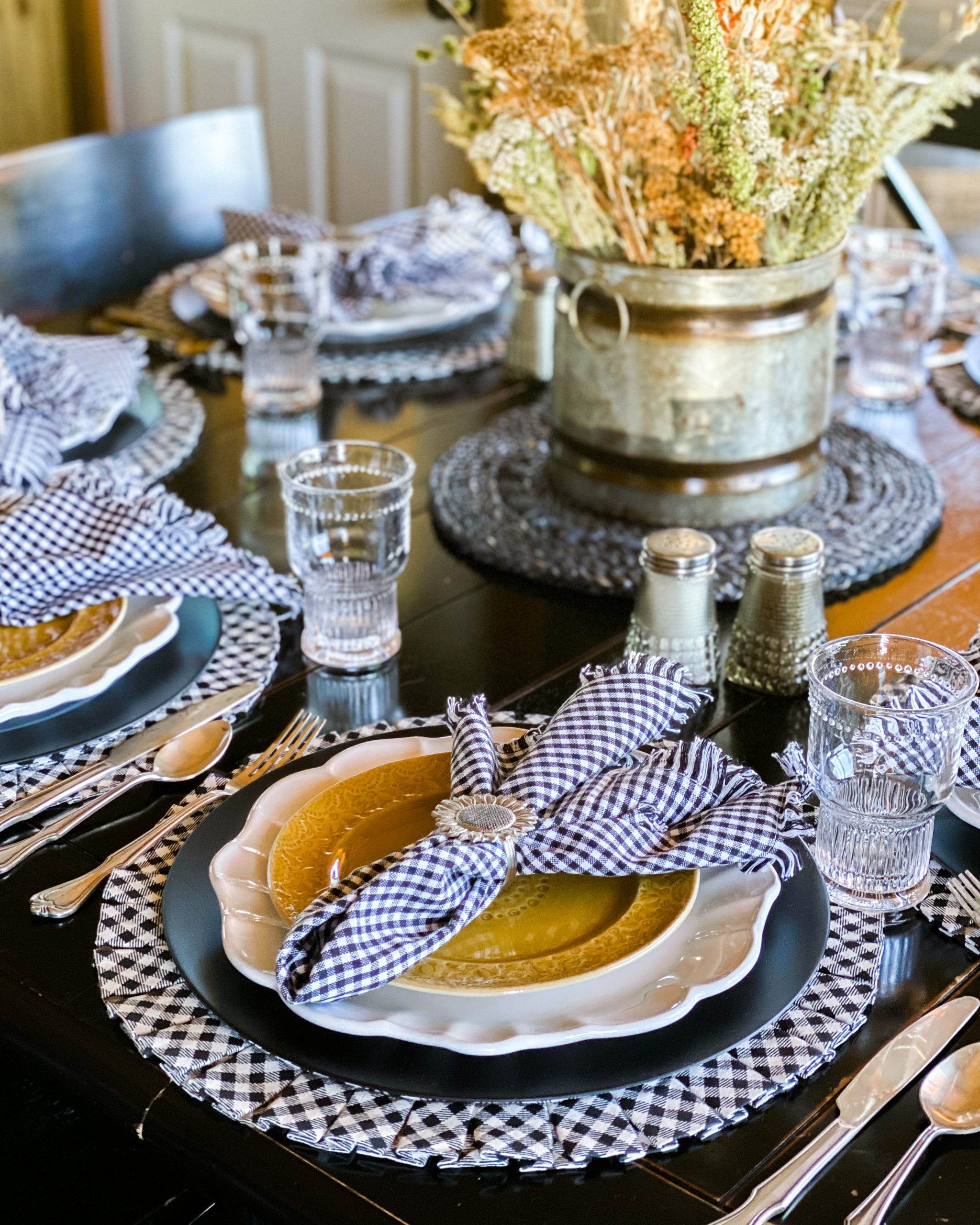 black white yellow table setting