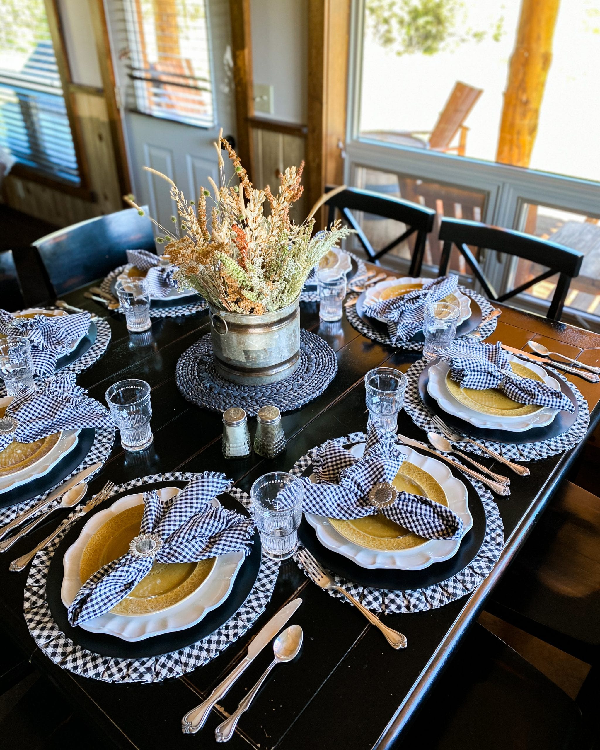 Cabin Tablescape  Black, Yellow, and White Table Decor