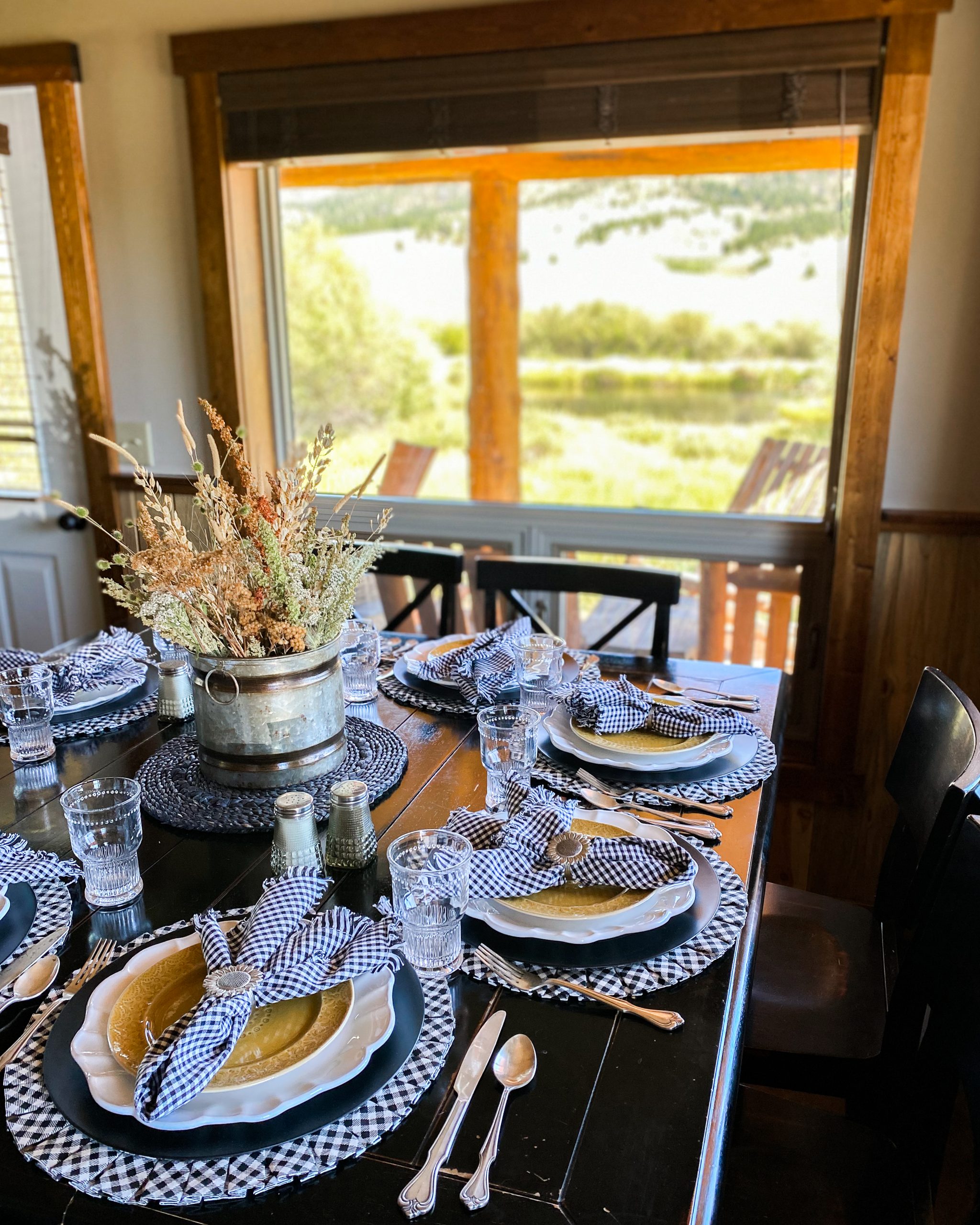 Cabin Tablescape  Black, Yellow, and White Table Decor