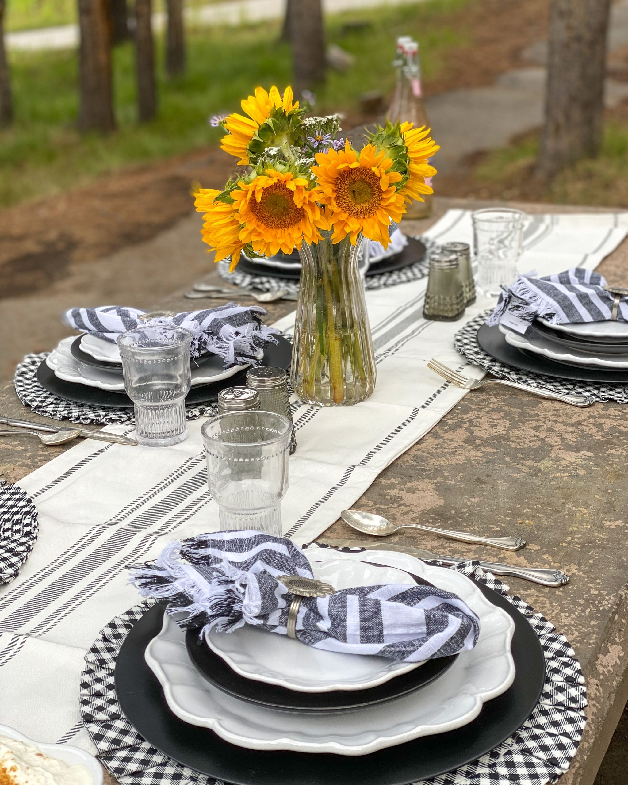 cabin picnic tablescape black white