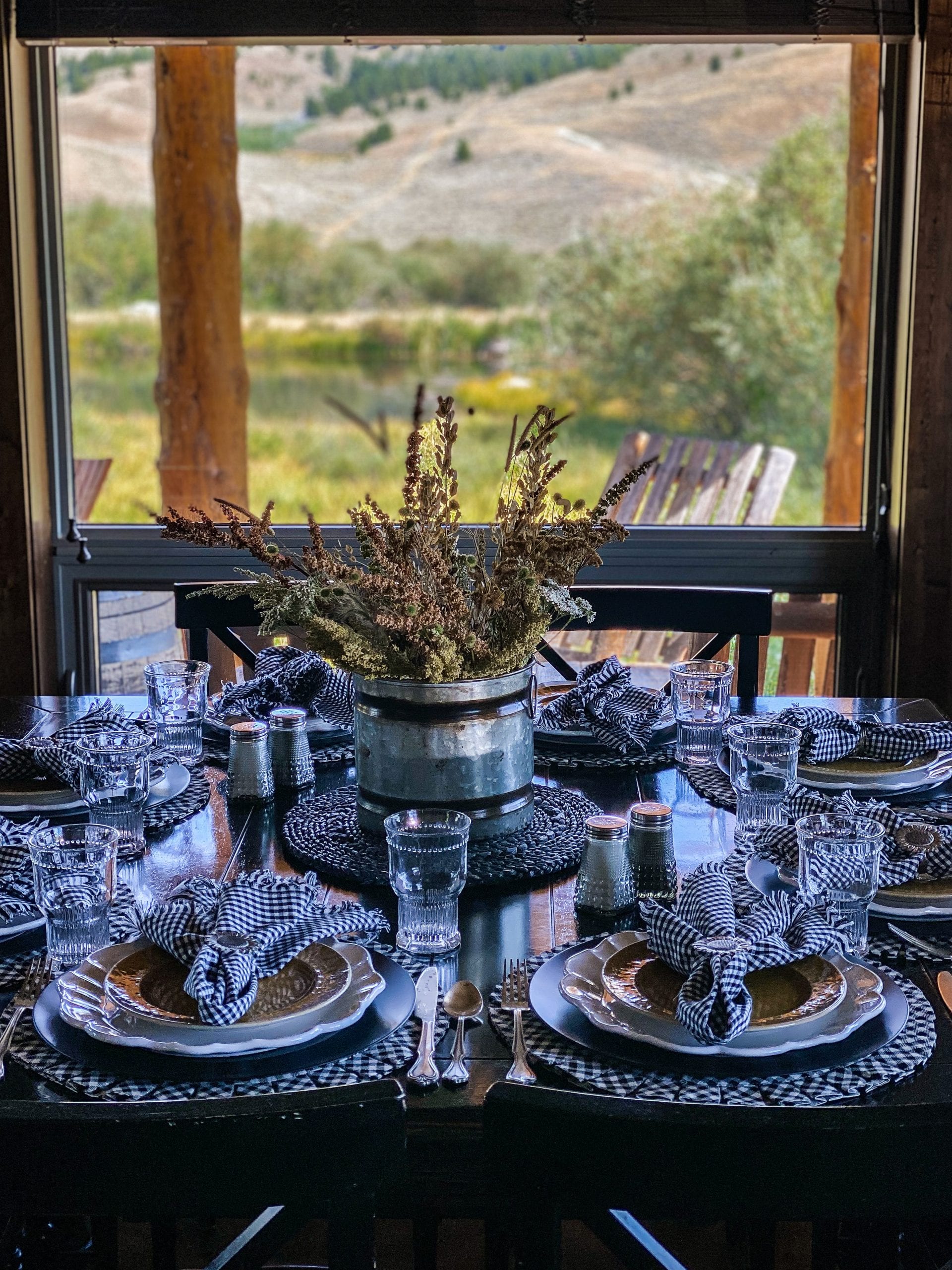 Cabin Tablescape  Black, Yellow, and White Table Decor