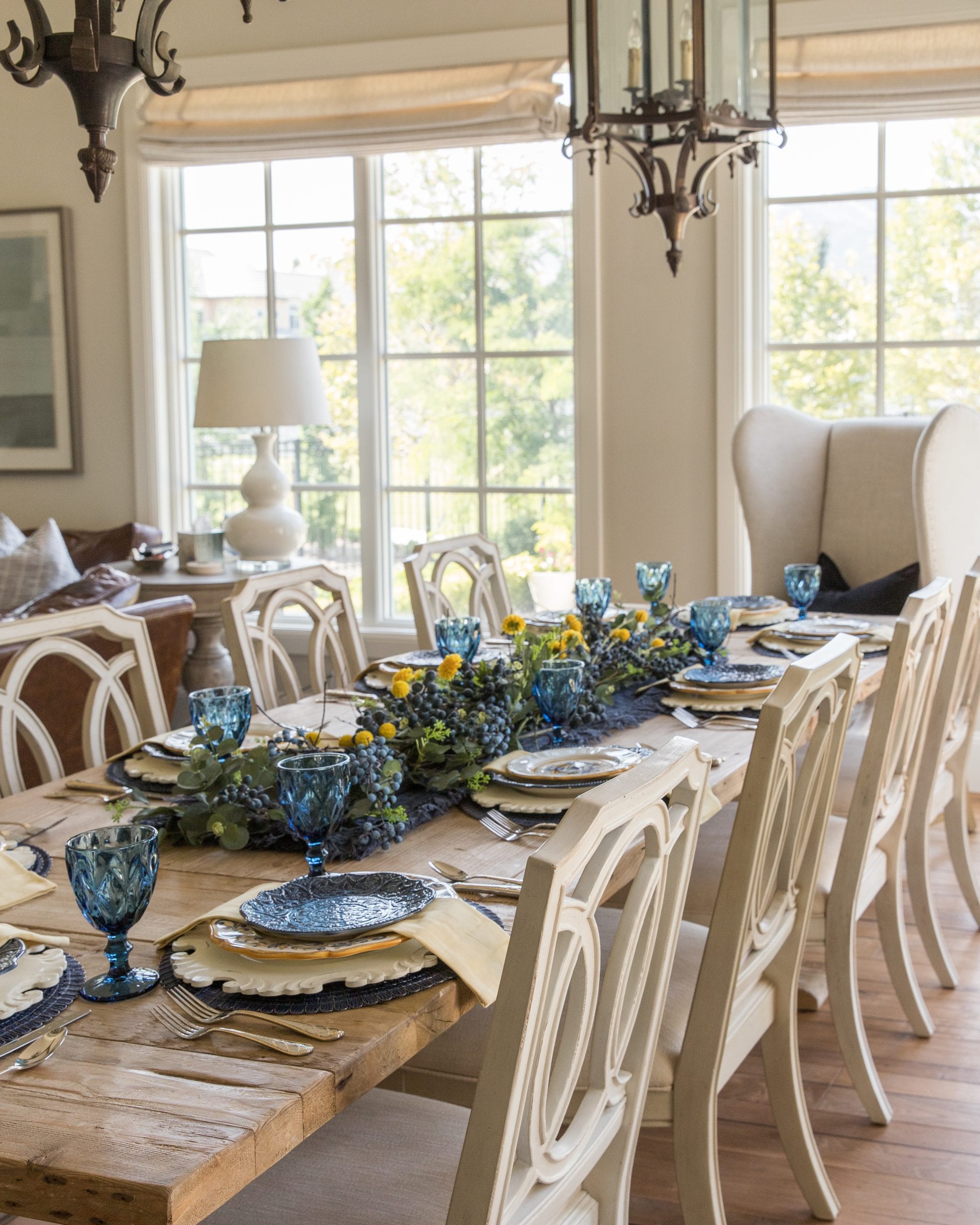 blue and yellow summer fall tablescape