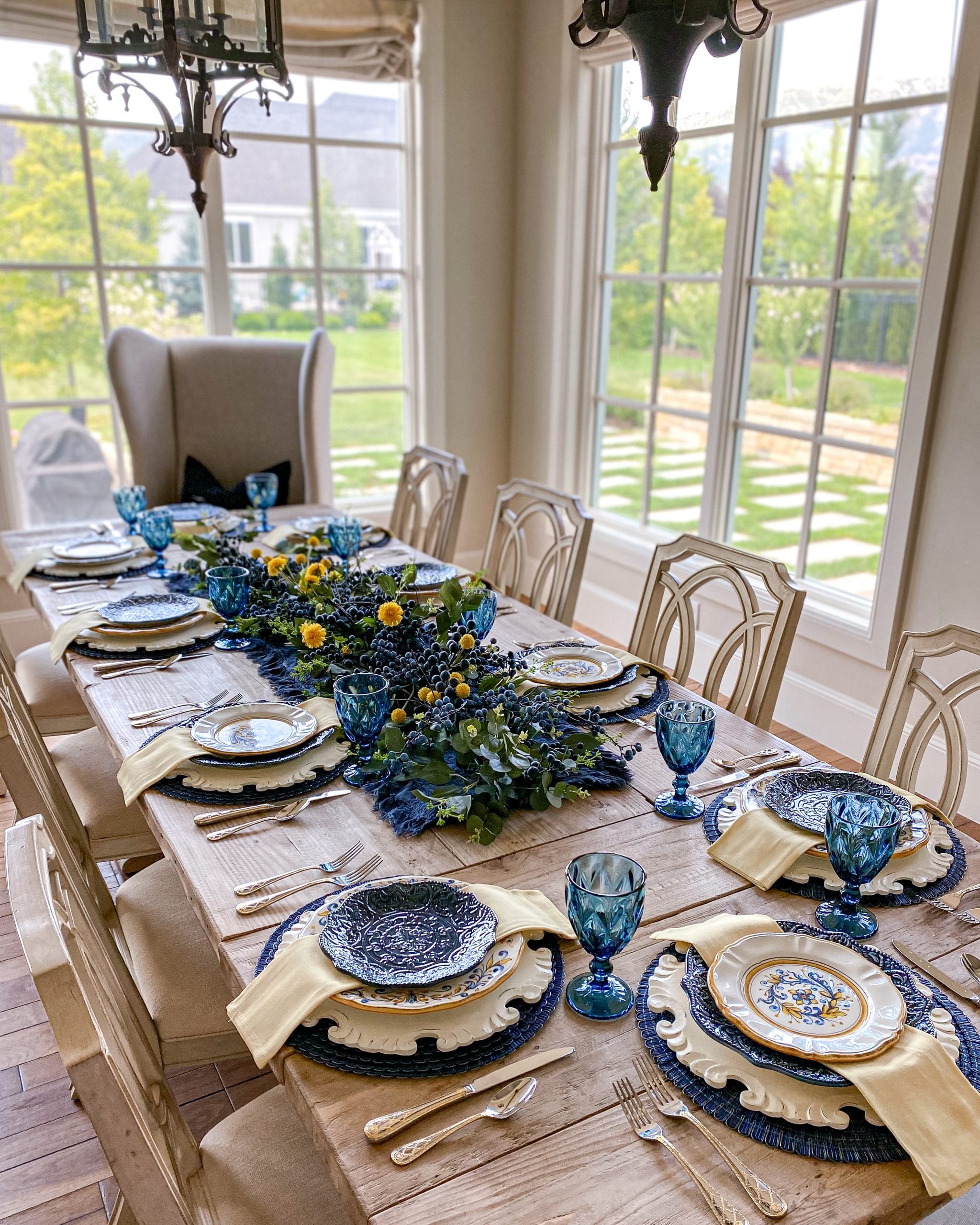 blue yellow summer fall tablescape