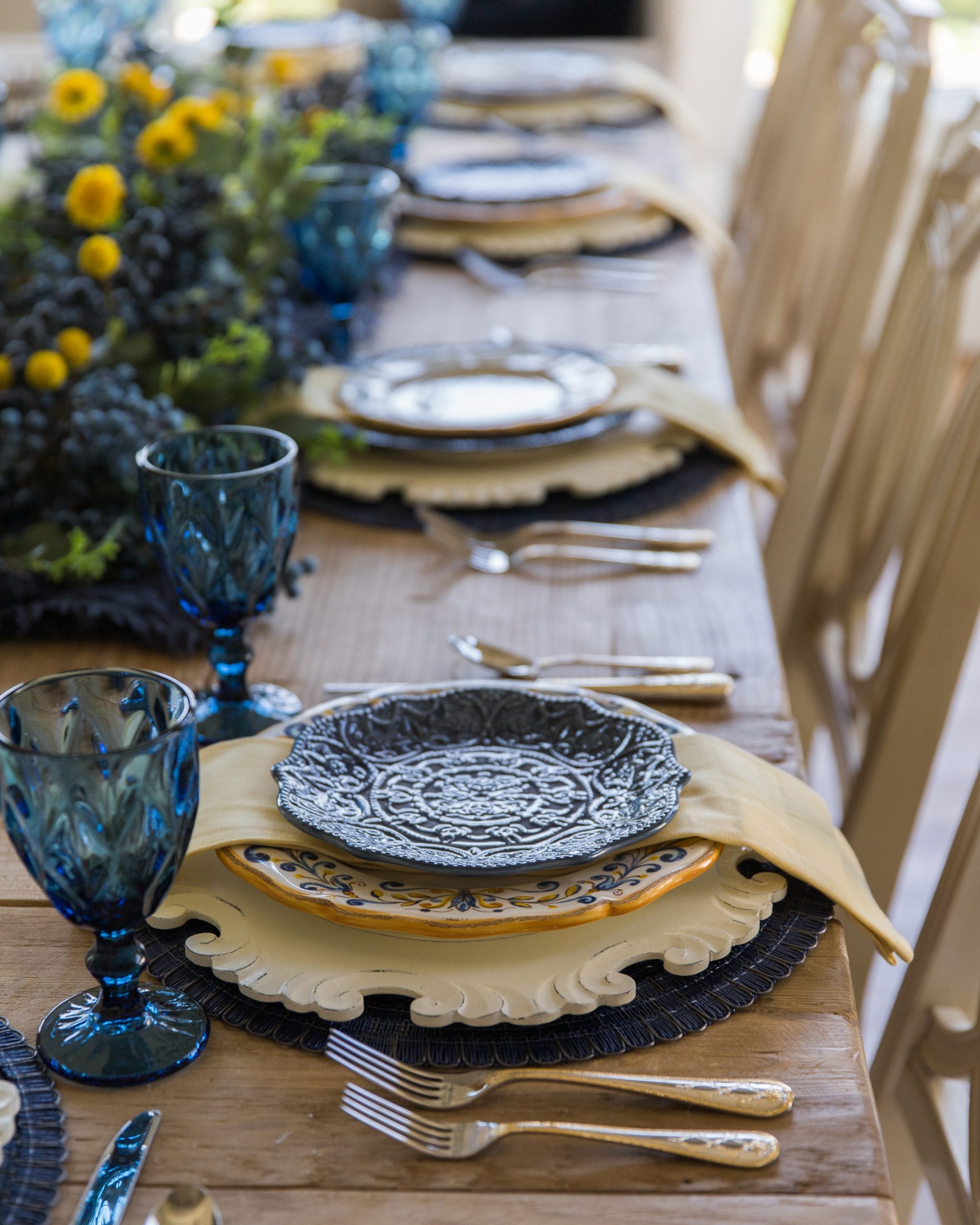 blue yellow summer fall tablescape