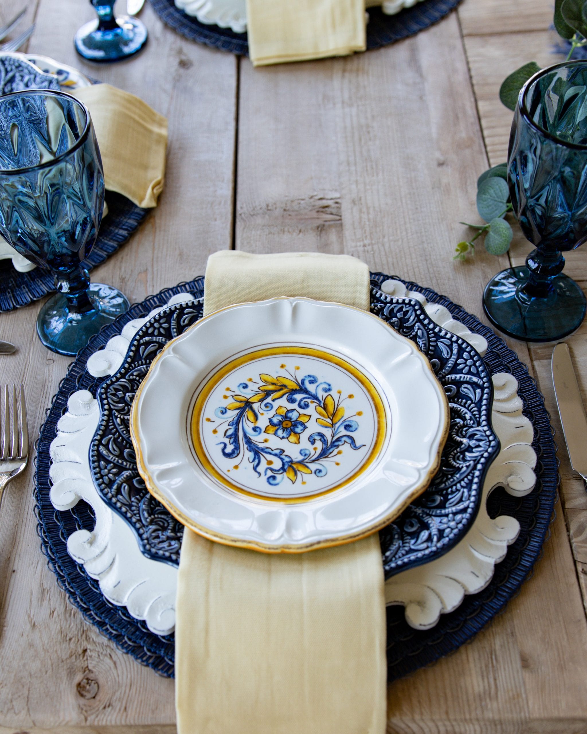 blue and yellow place-setting