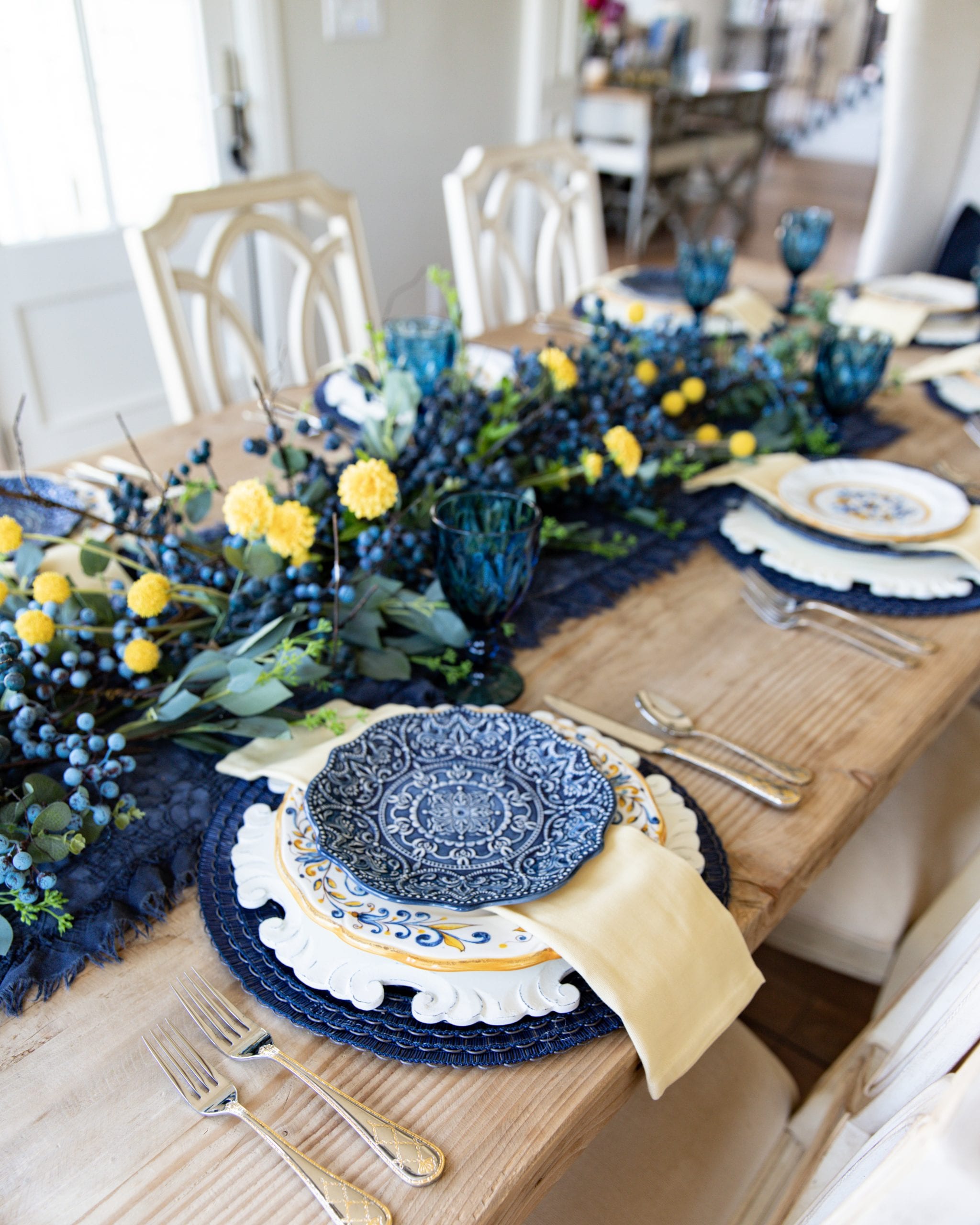 blue and yellow dinnerware