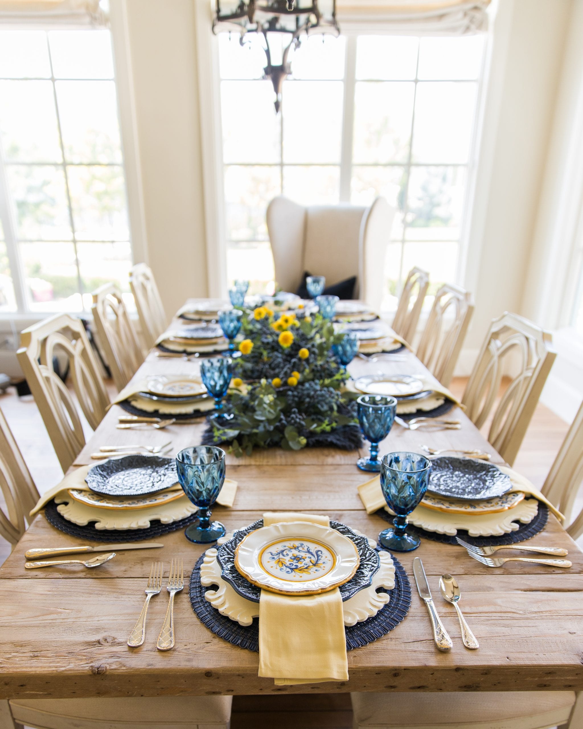 blue yellow tablescape fall summer decor