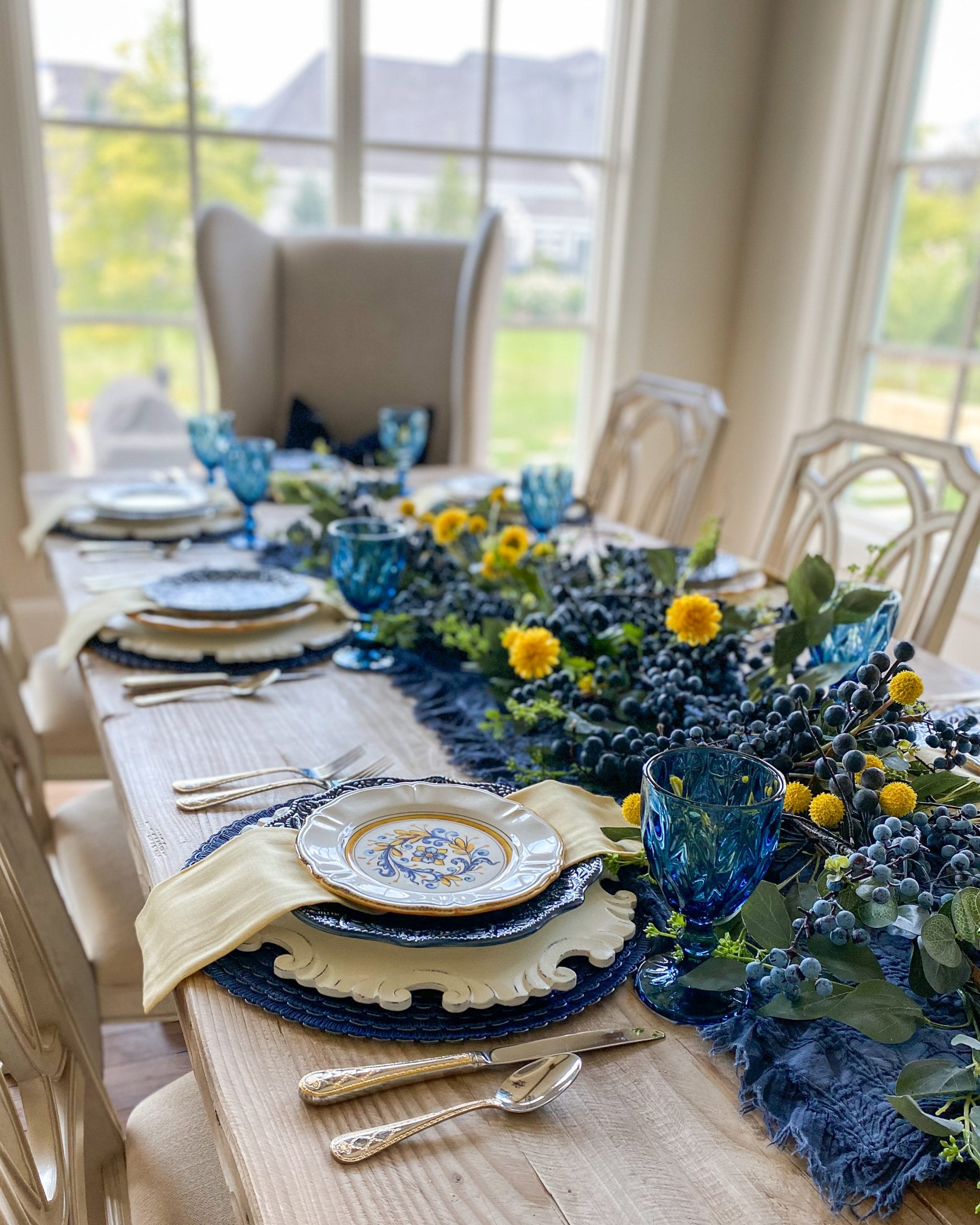 blue and yellow dining tablescape