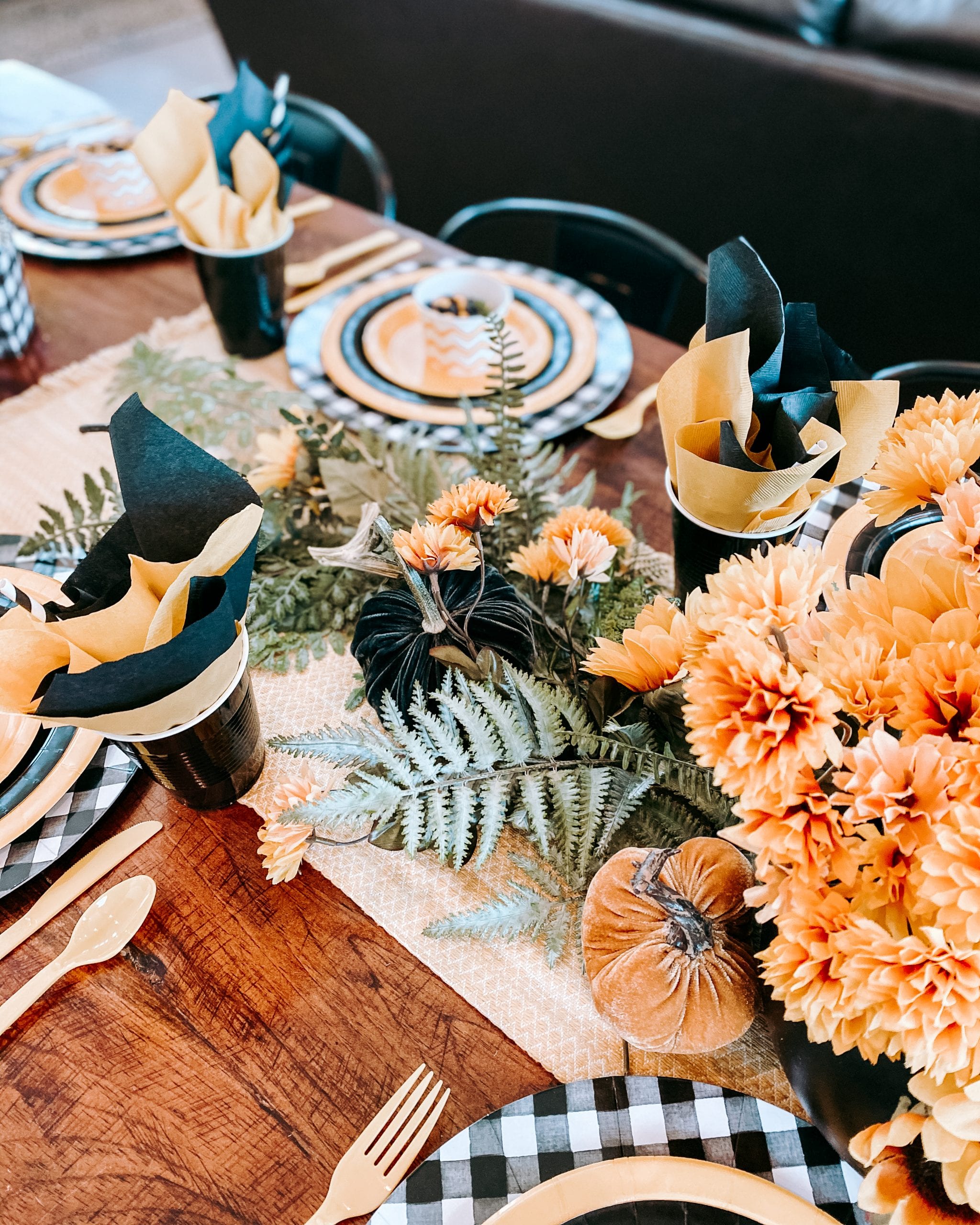 black and yellow faux flower fall centerpiece