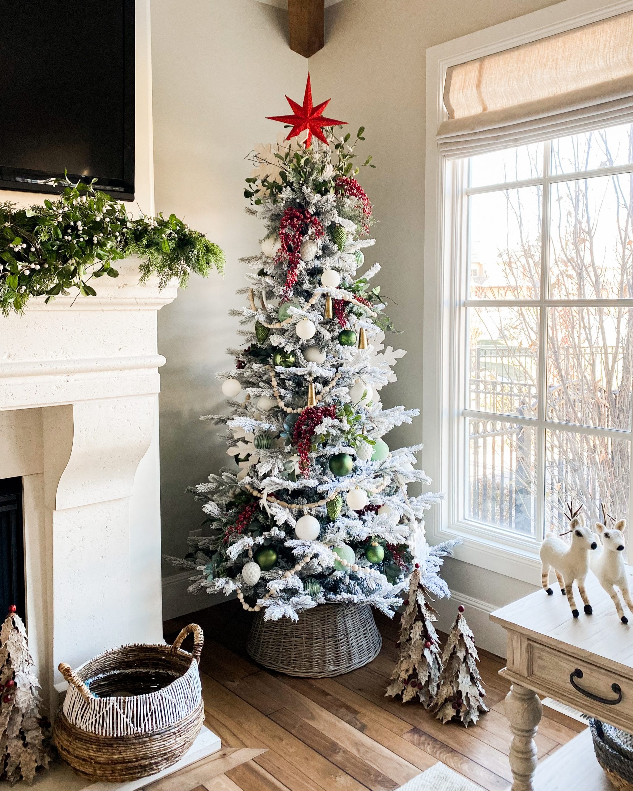 Decorating a Flocked Christmas Tree in Red and White and Creating