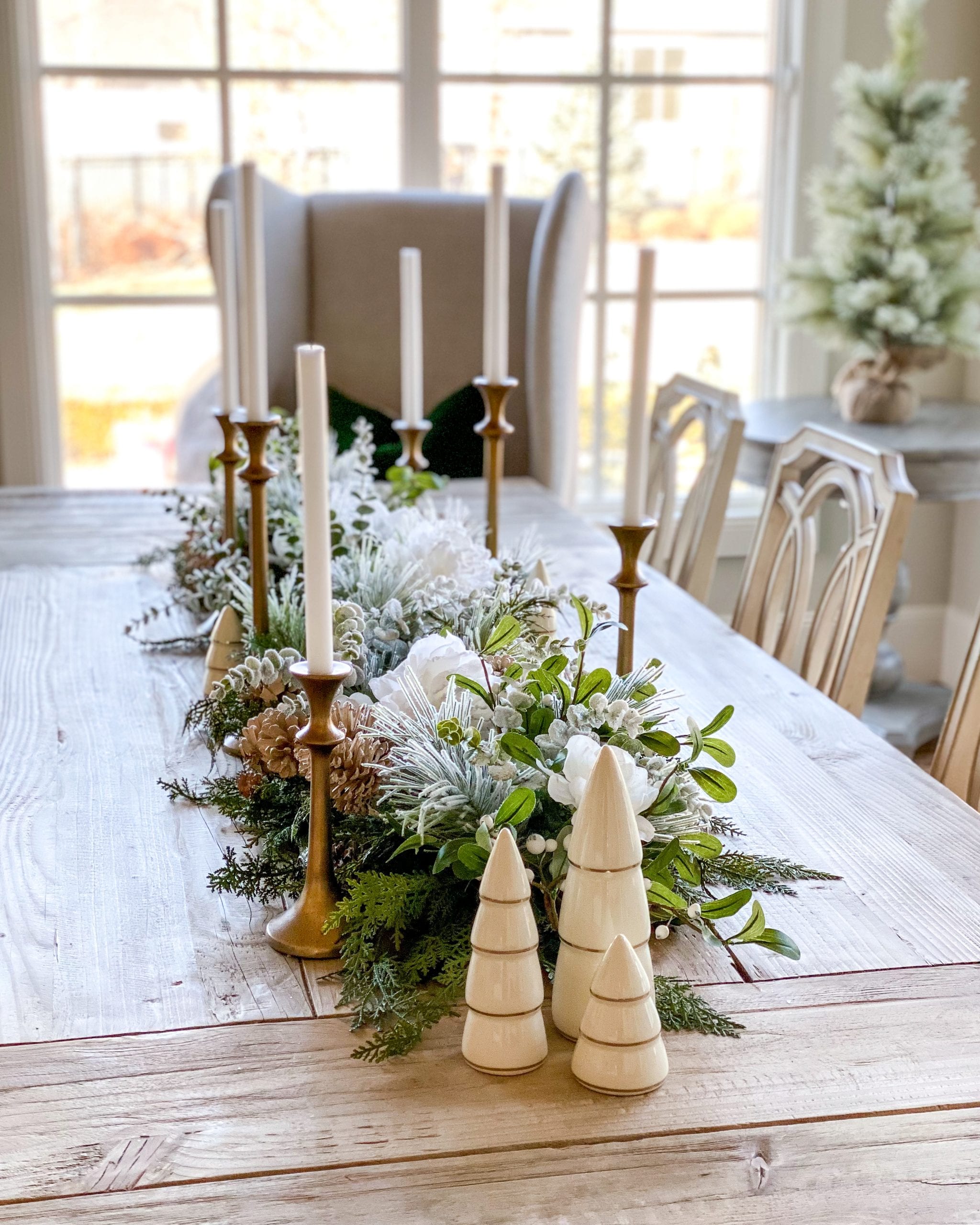 gold candlesticks winter table centerpiece wintery woods tree figurines