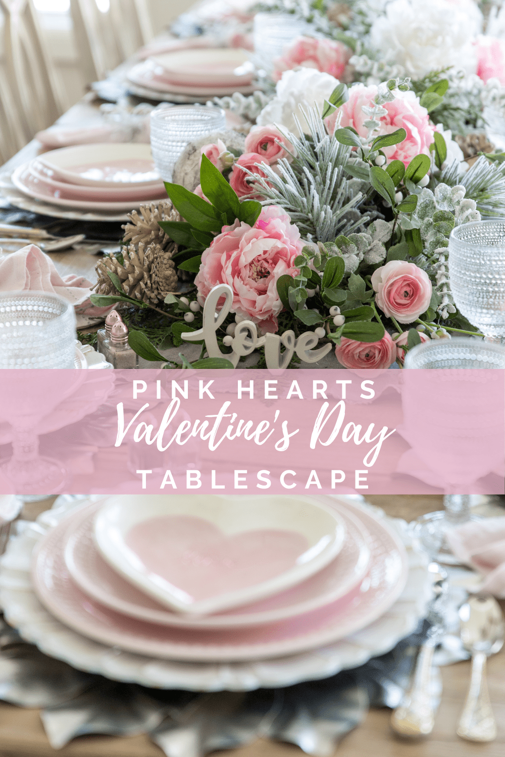 Sharing my festive pink hearts valentines day tablescape for a beautiful Valentines or Galentines Day celebration