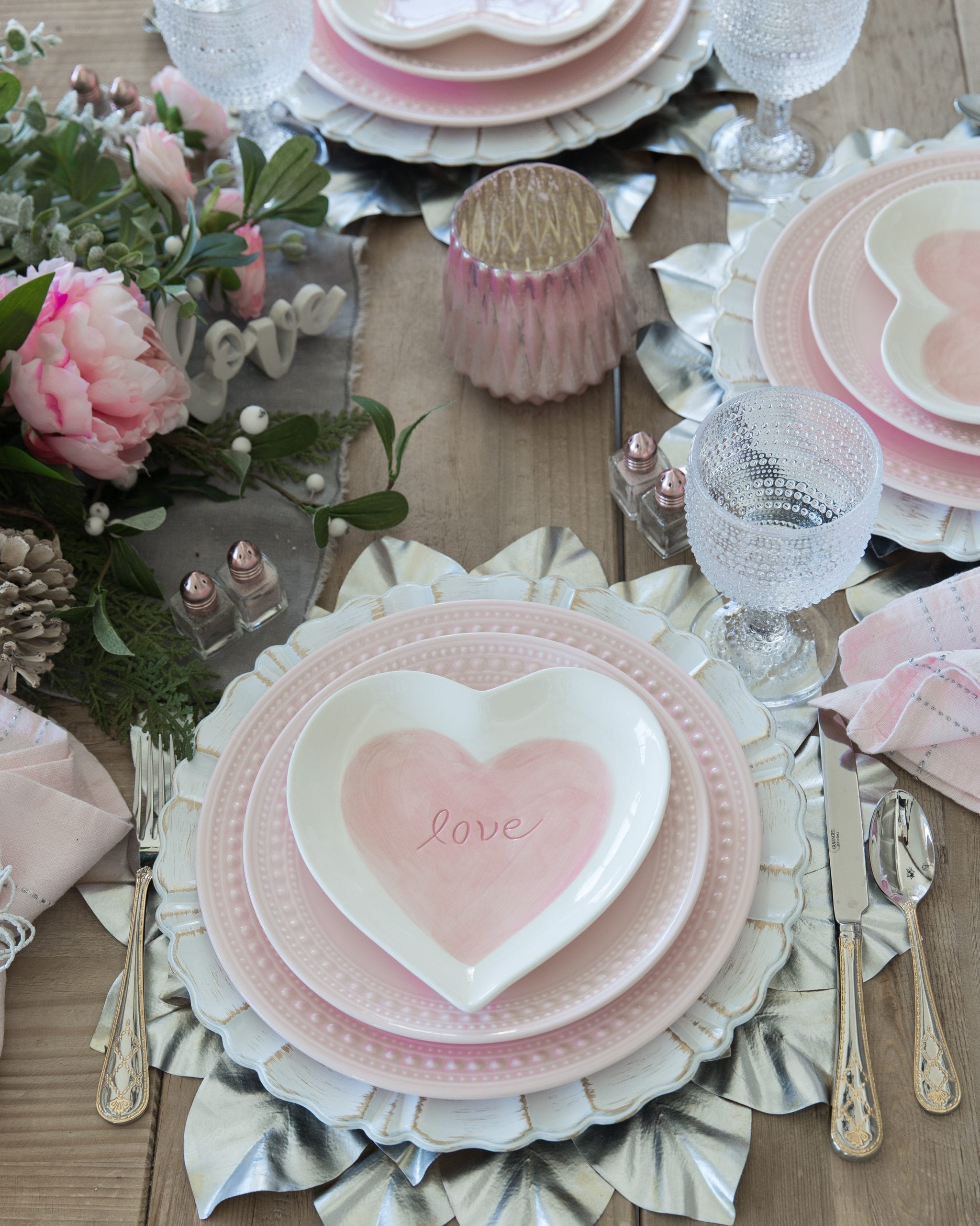 pink heart table setting valentines day decor