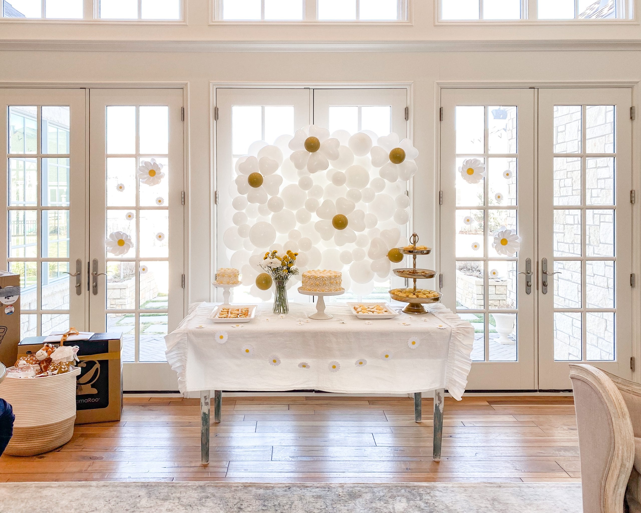 daisy themed baby brunch dessert table