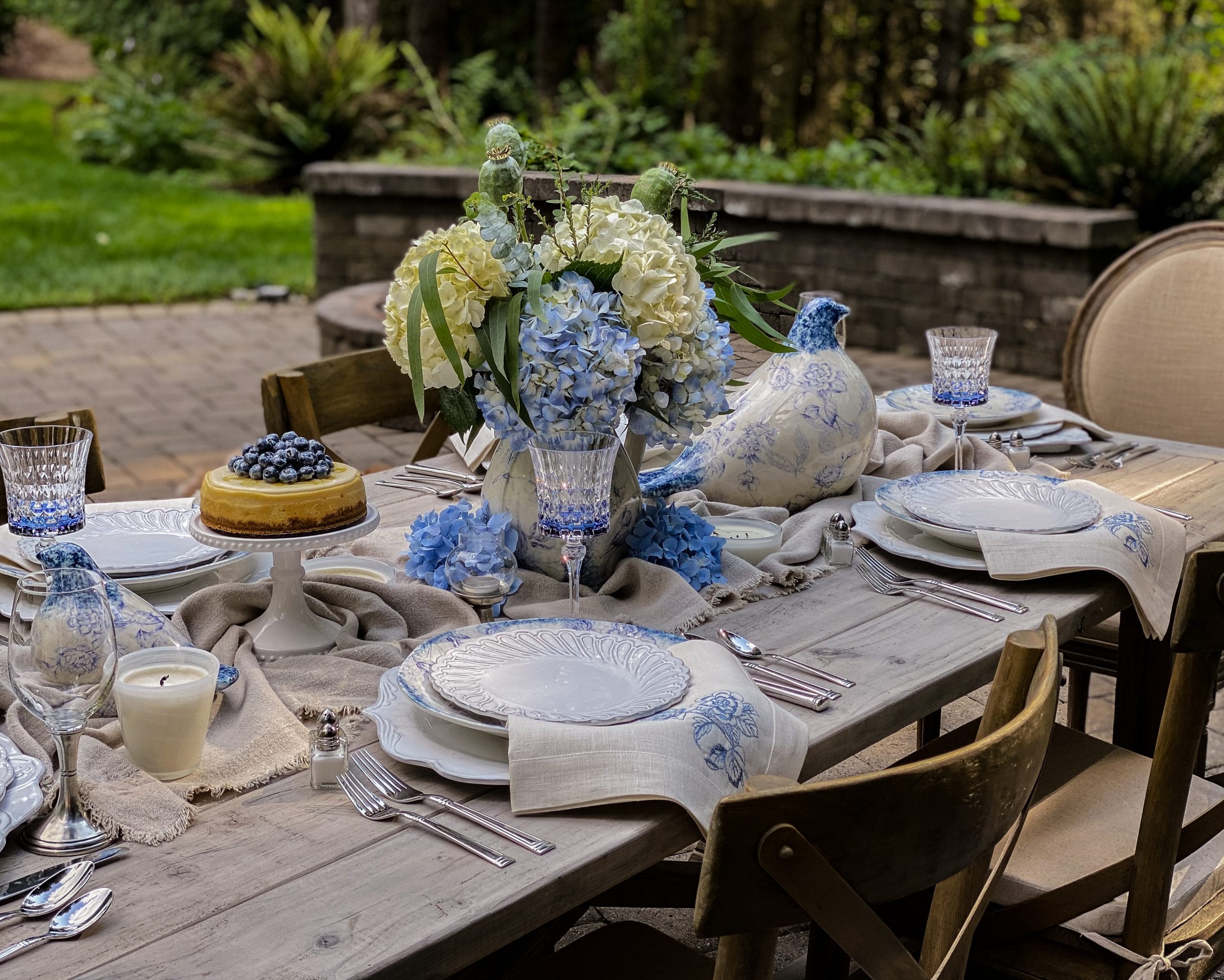 outdoor blue and white spring dining table