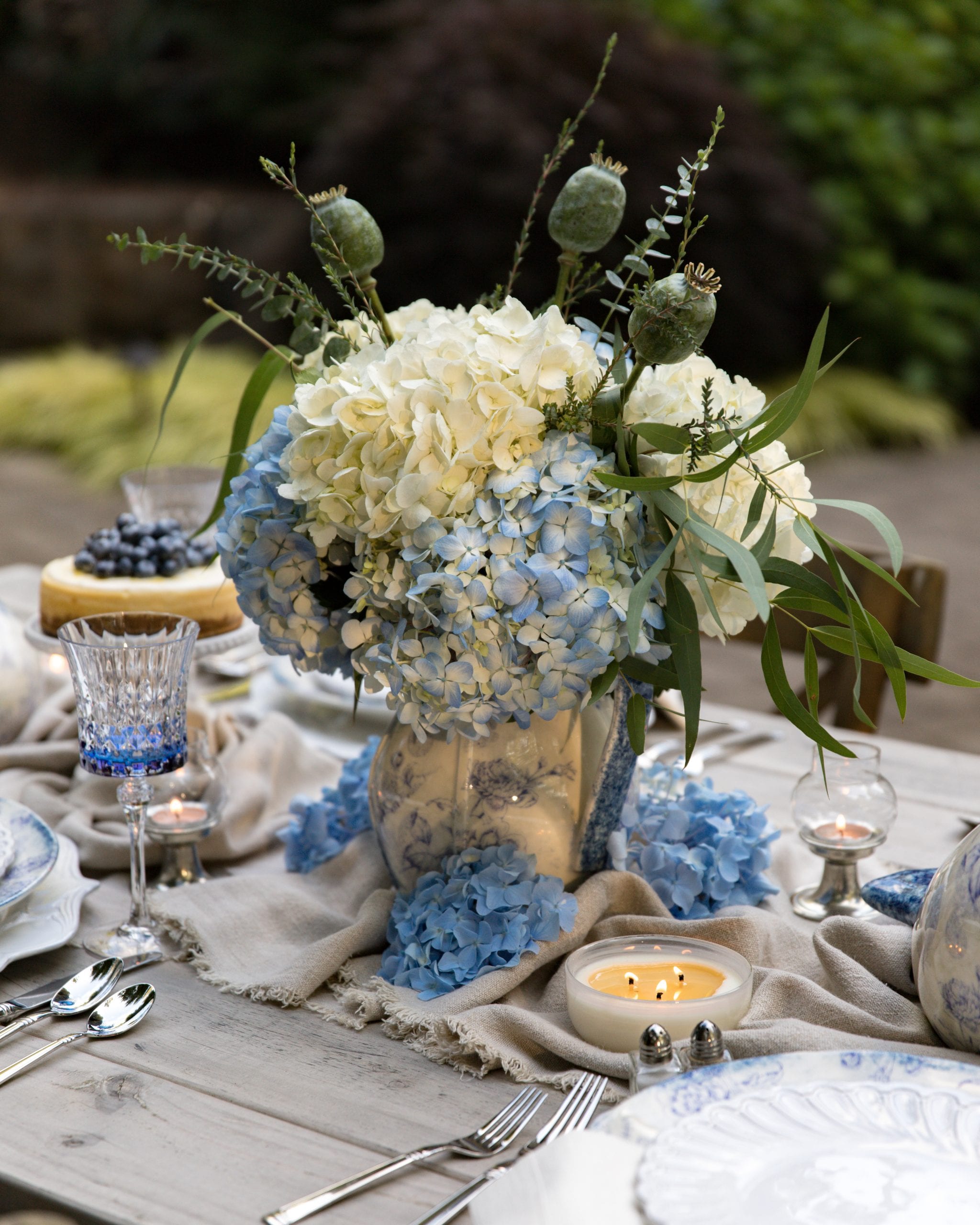 blue and white centerpiece