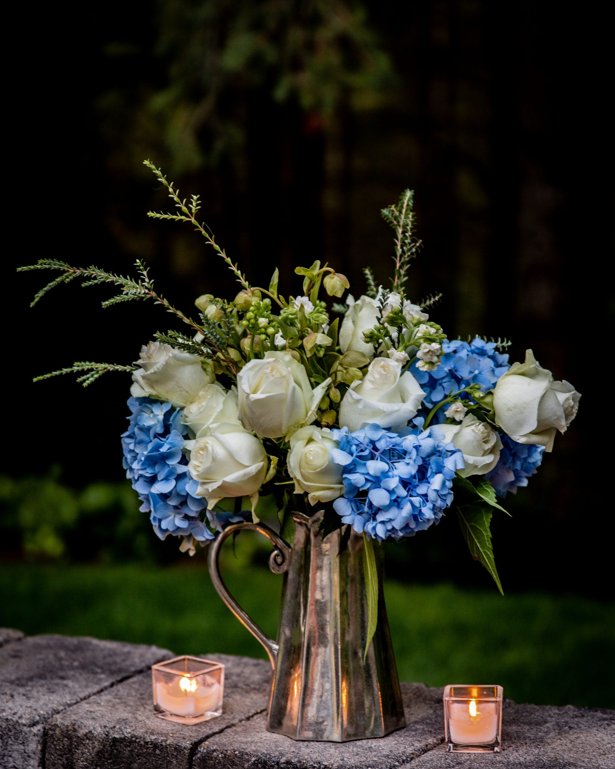 pewter vase pitcher hydrangeas roses