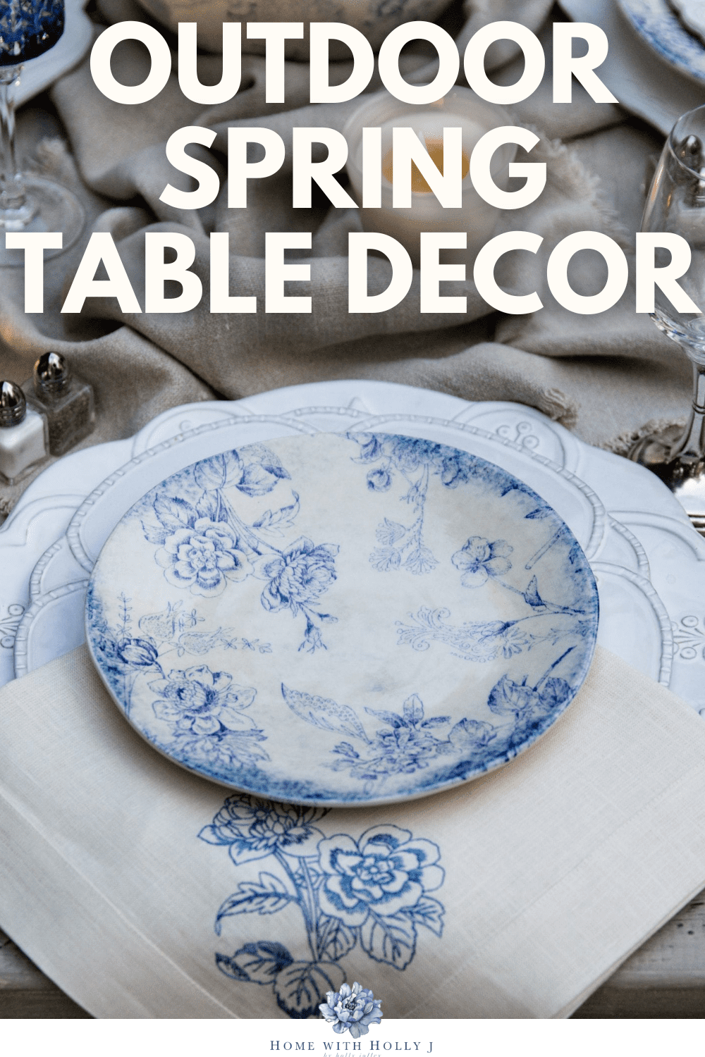 Sharing outdoor spring table decor ideas and inspiration including a spring table setting with white and blue hydrangeas