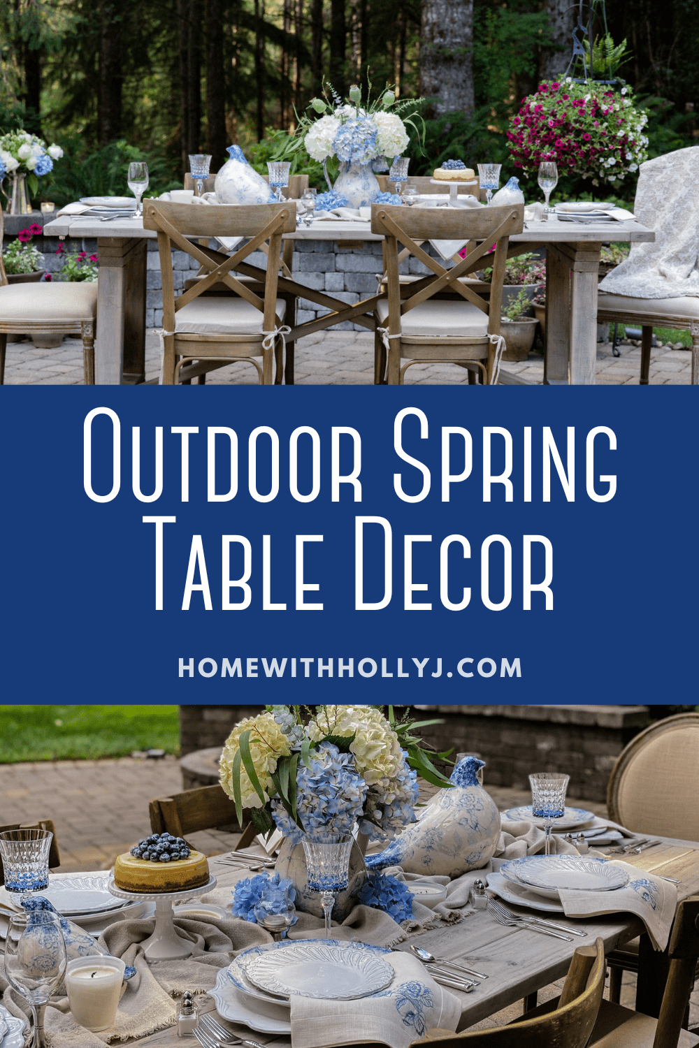 Sharing outdoor spring table decor ideas and inspiration including a spring table setting with white and blue hydrangeas