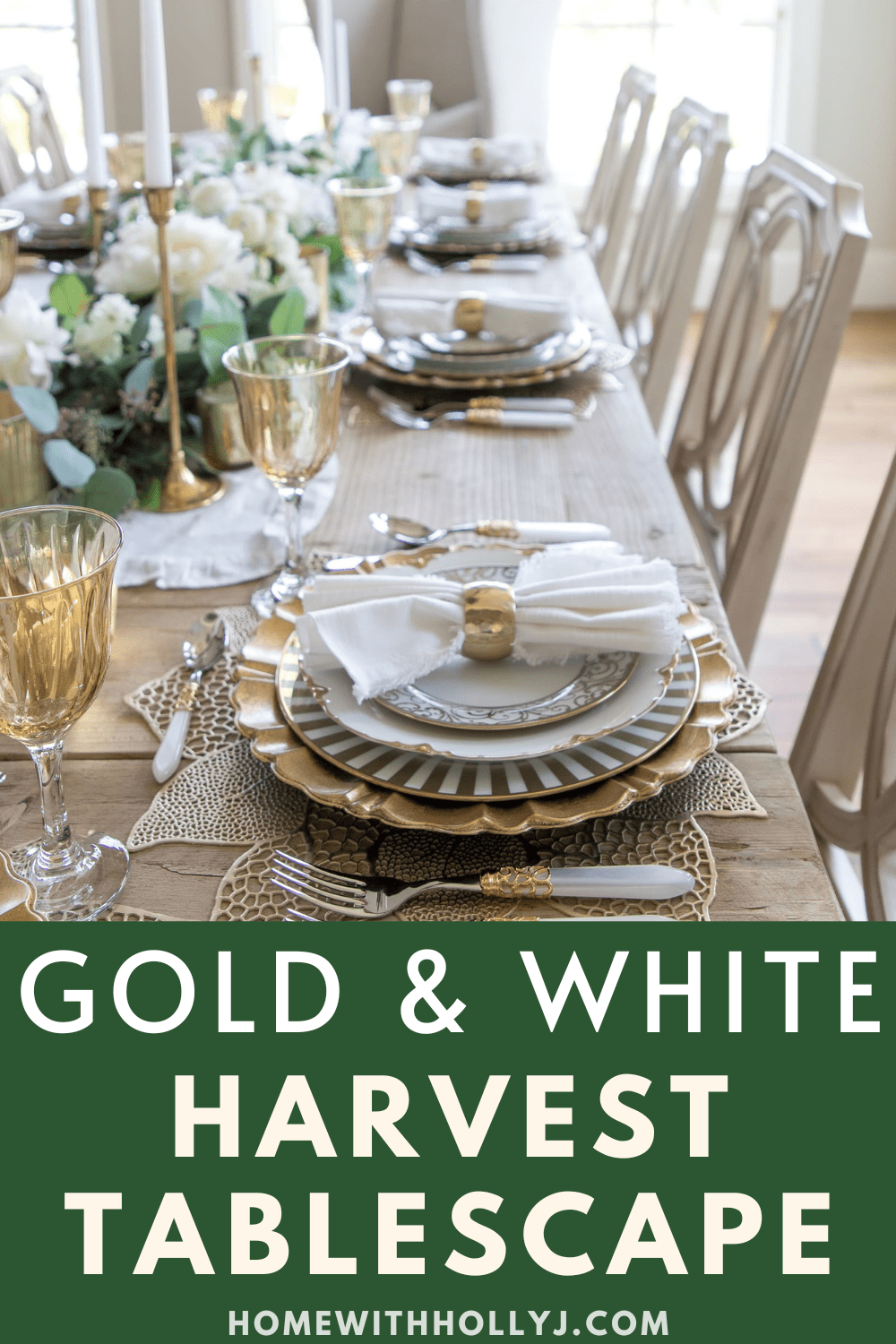 Sharing a beautiful fall tablescape idea featuring a gold and white table setting that can be used for fall, thanksgiving, or the holidays.