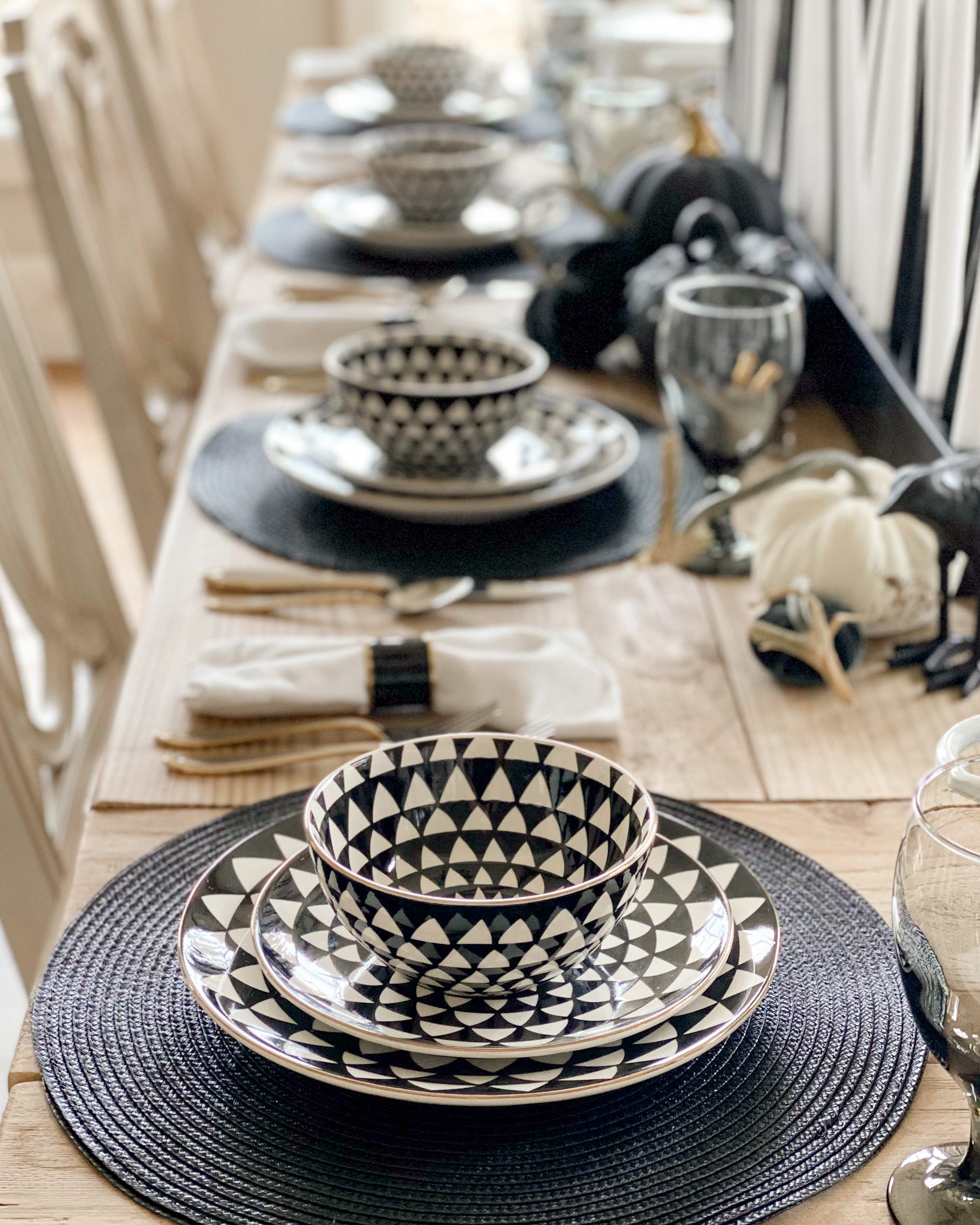 black and white dinnerware place-setting