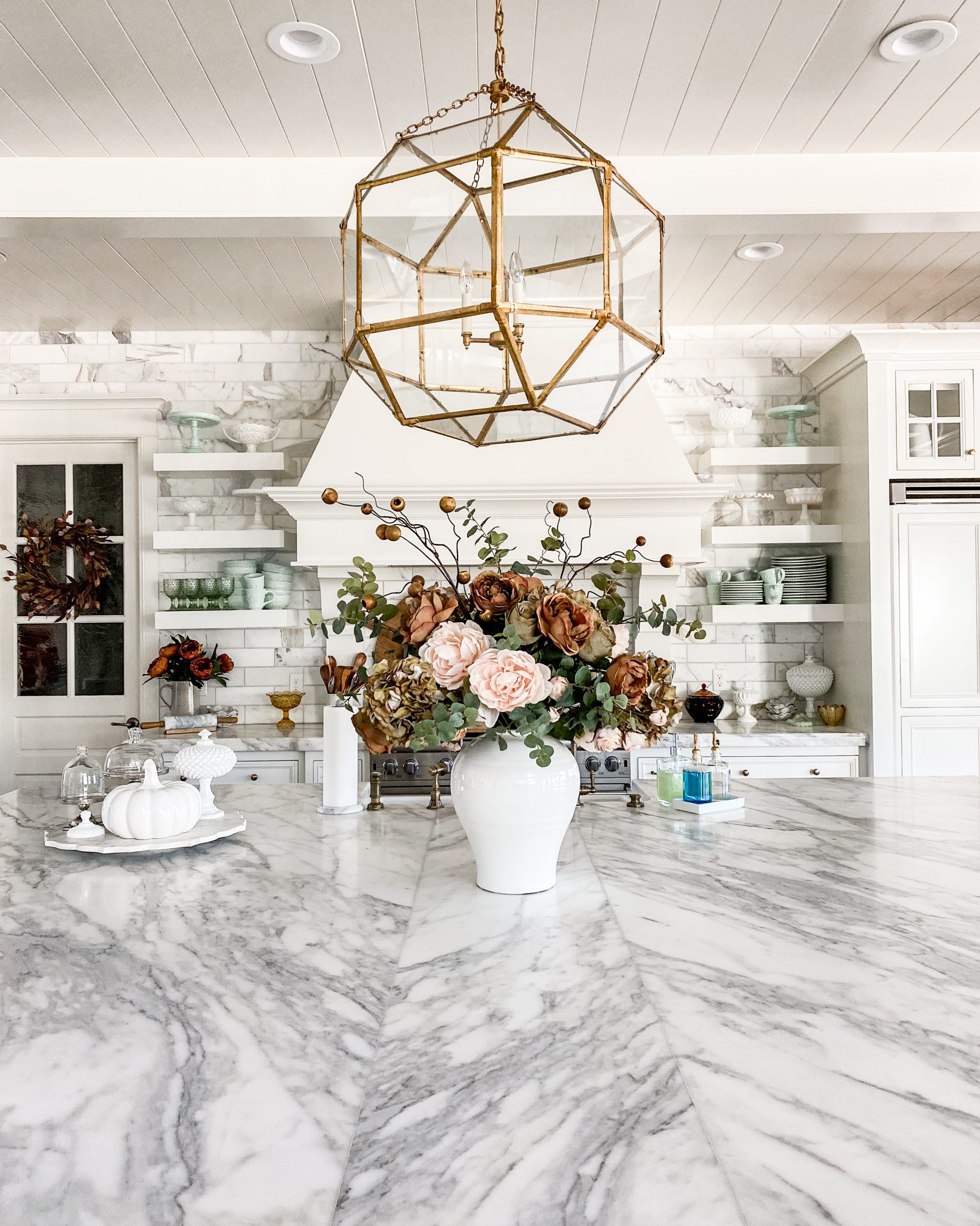 marble counter tops with floral arrangement