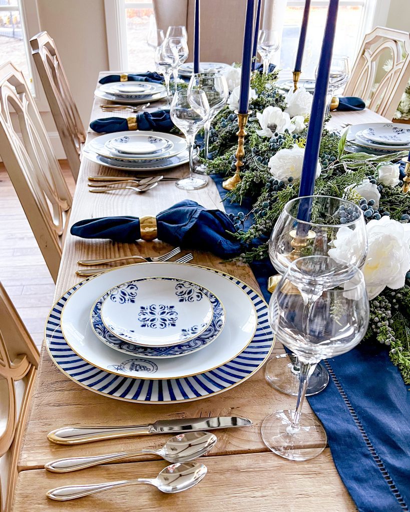 blue and white place-setting