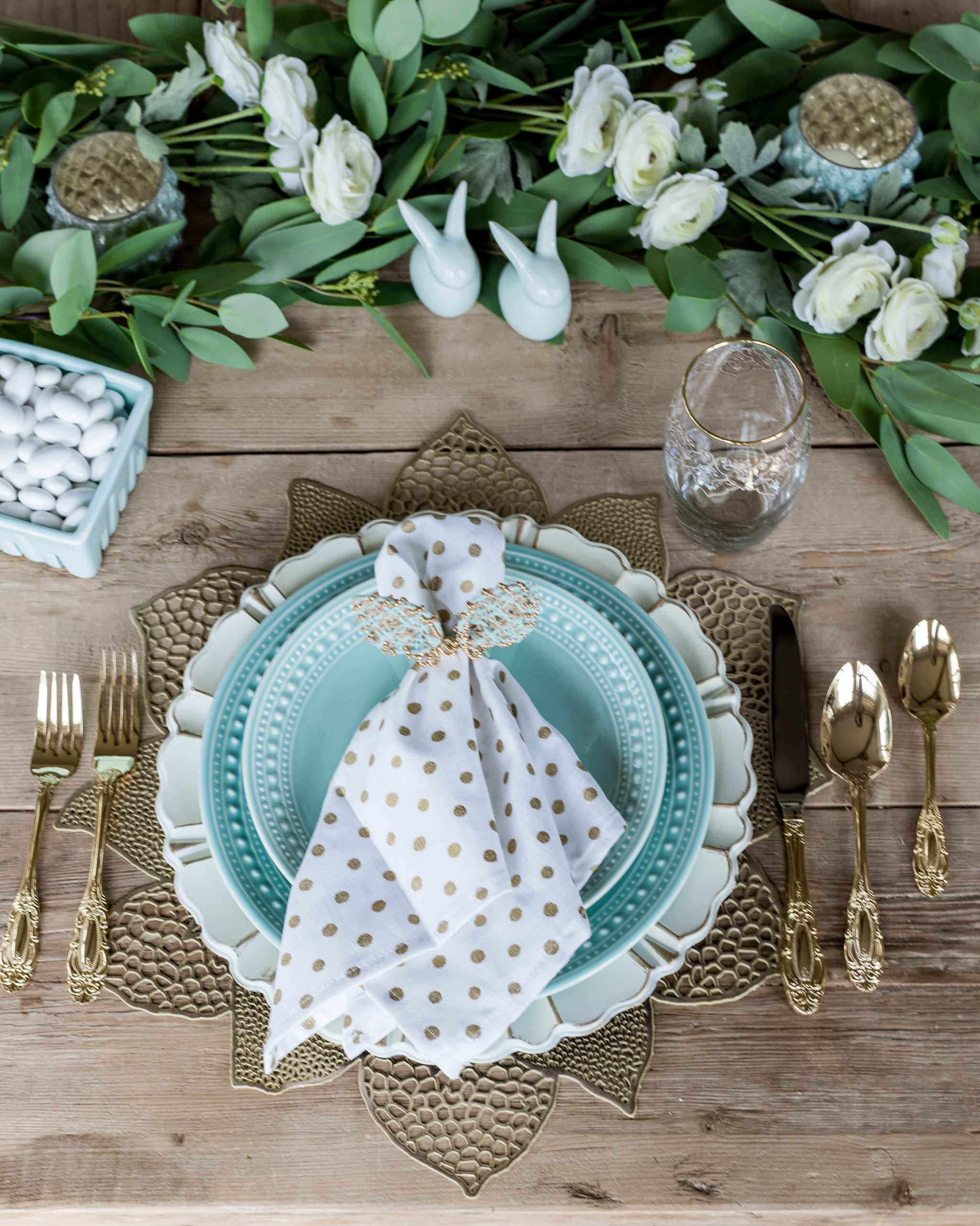 teal blue place setting