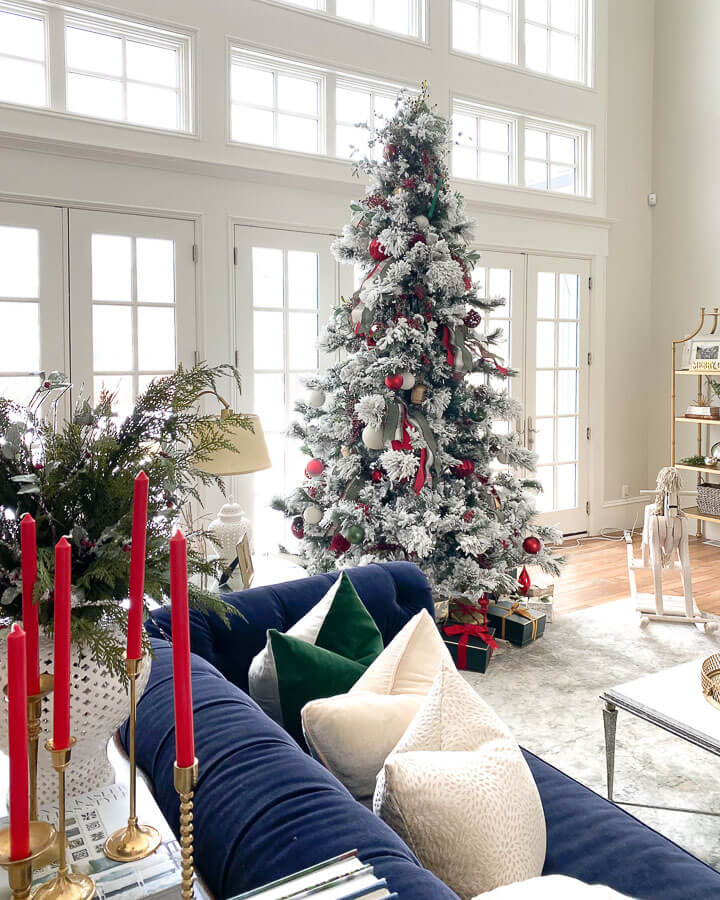 Living Room Christmas Decor Ideas red taper candles behind couch
