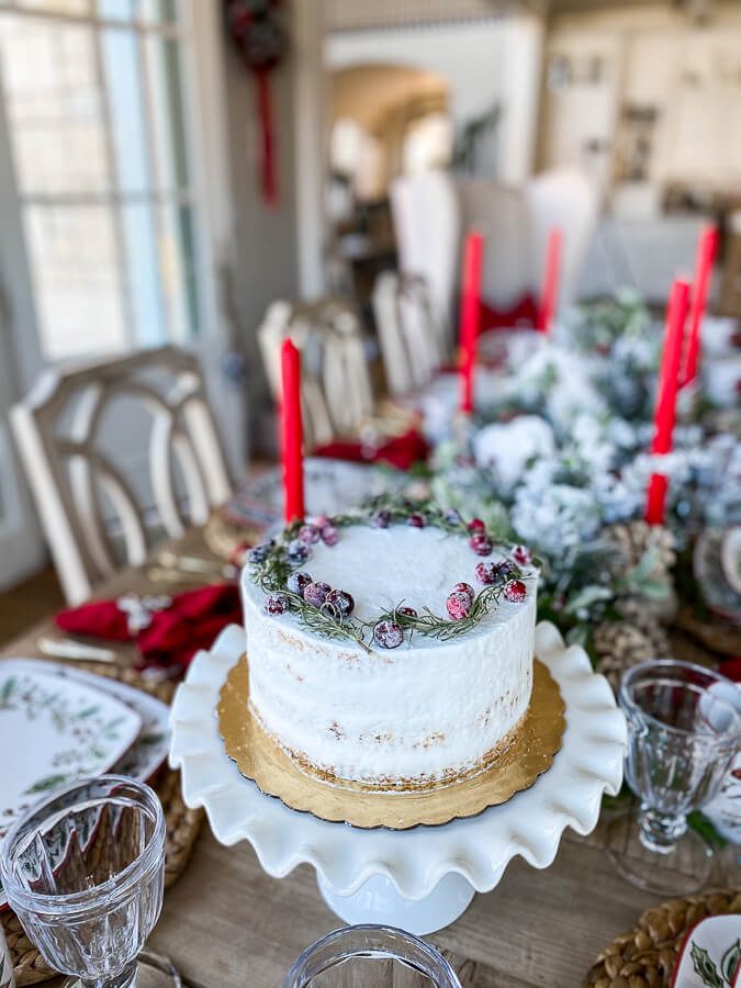 Christmas Tablescape frosted cake