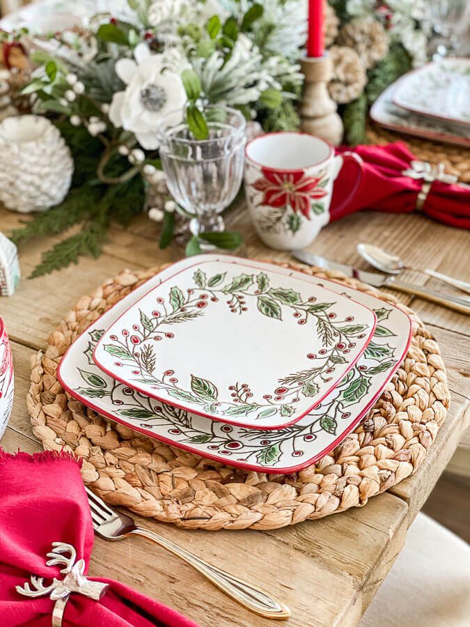 Christmas Tablescape stacked place setting