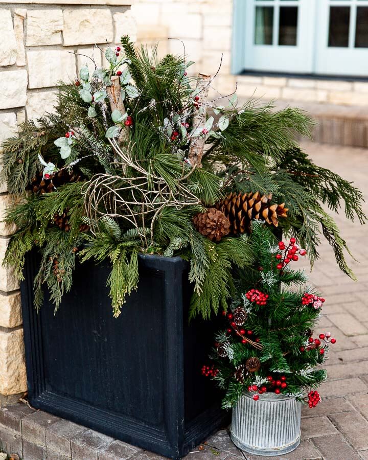 Outdoor Christmas Decor Ideas add festive boxed planters