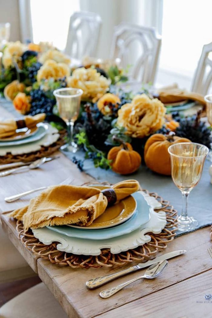Light Blue and Mustard Yellow Thanksgiving Table Decor