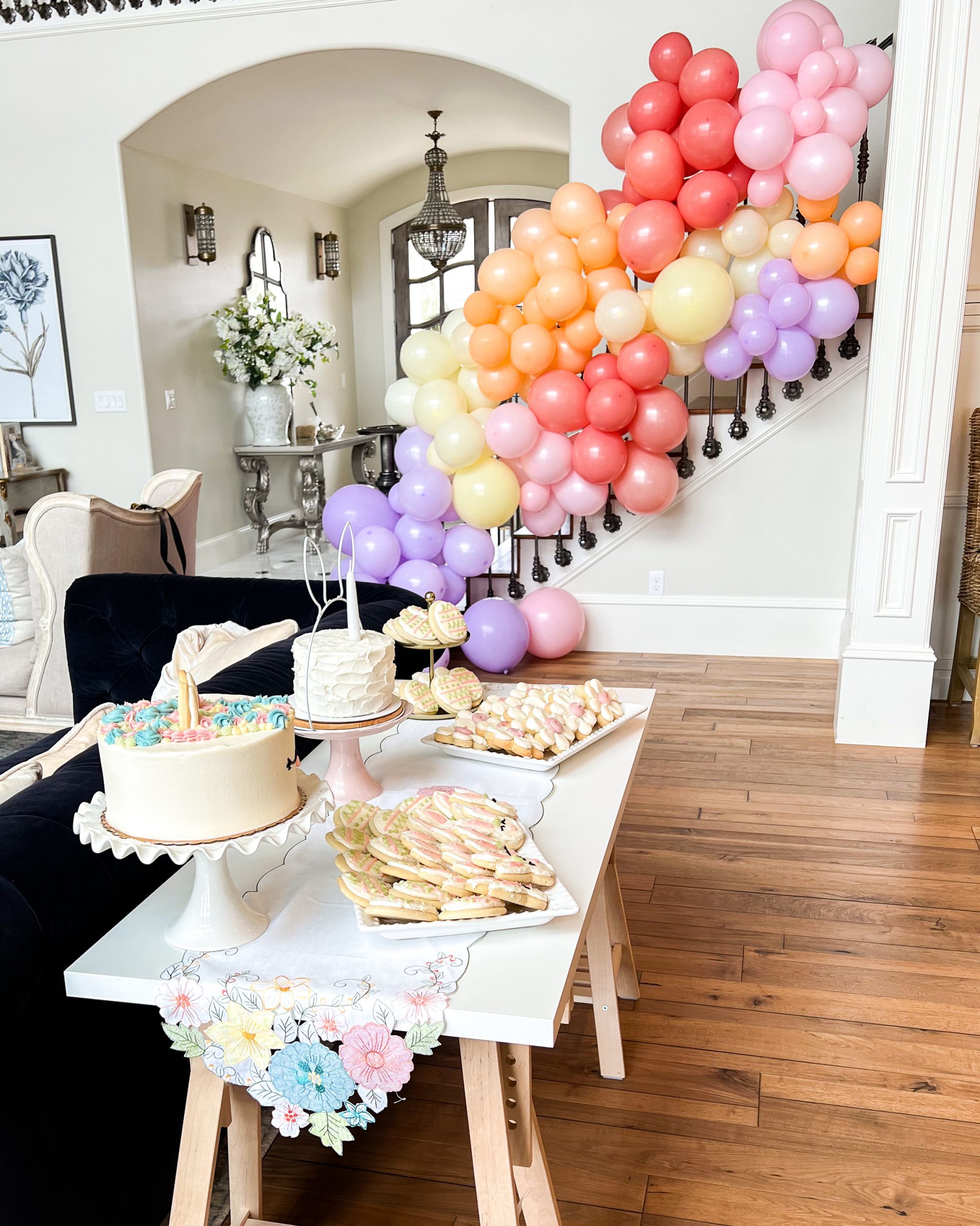 bunny themed birthday party table and decorations