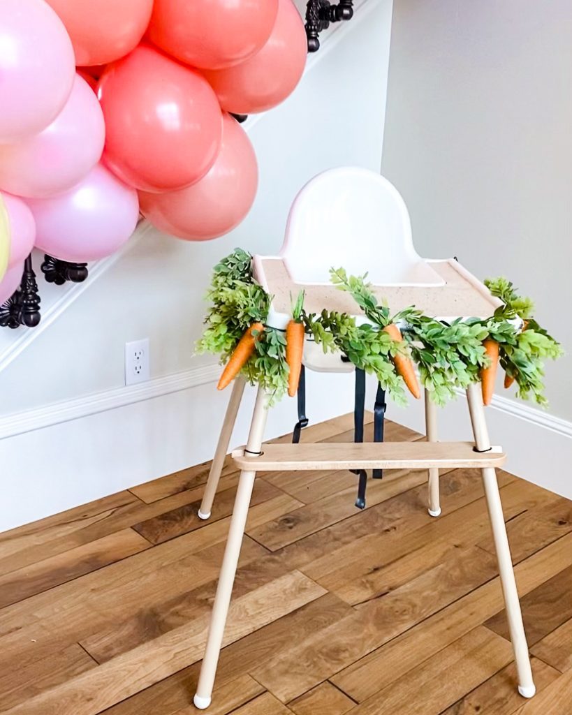 bunny themed birthday party high chair decorations