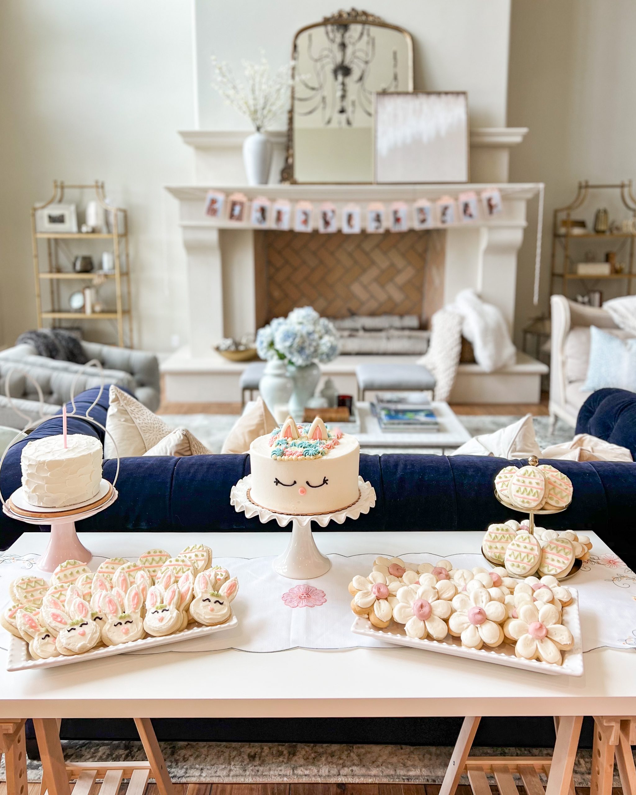 bunny themed birthday party dessert table