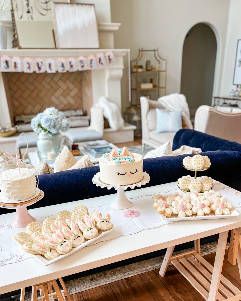 bunny themed birthday party dessert table