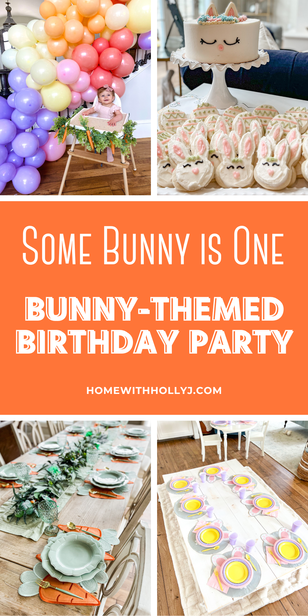 Looking for some inspiration for a first birthday celebration? Check out this bunny-themed party with the cutest ideas for decorations. One year birthday party, easter tablescape, themed birthday party, bunny party supplies, little bunny, spring birthday, baby shower, 4th birthday party theme, first birthday, table decor, bunny birthday party theme, easter celebration, bunny cake, bunny-themed party, easter egg hunt, easter decorations, bridal shower, party table