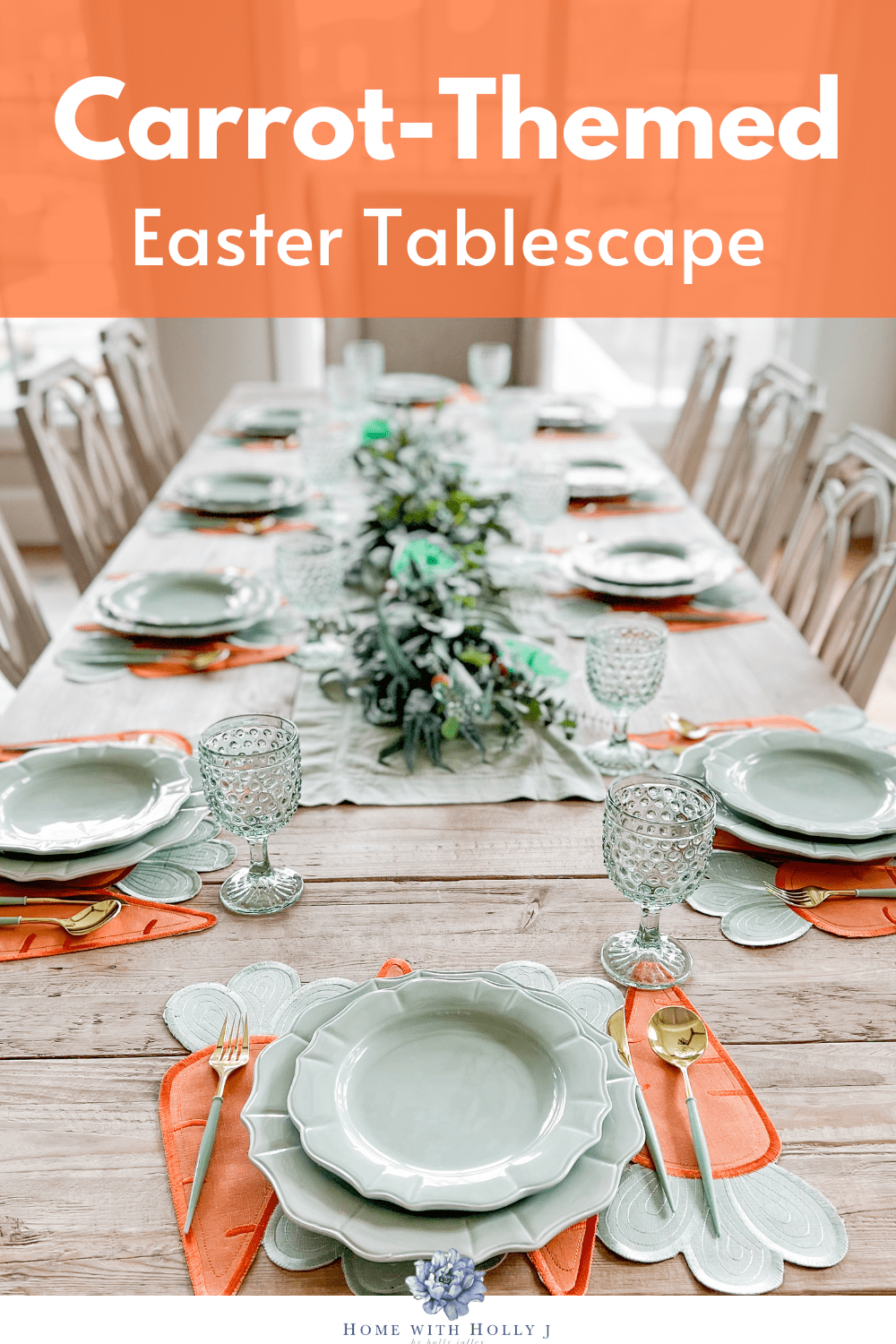 Create the perfect Easter tablescape for your next party with this easy and festive carrot-themed tablescape. From the placemats to the floral garland and delicious chocolate carrots, you'll have everything you need for your unique Easter celebration.