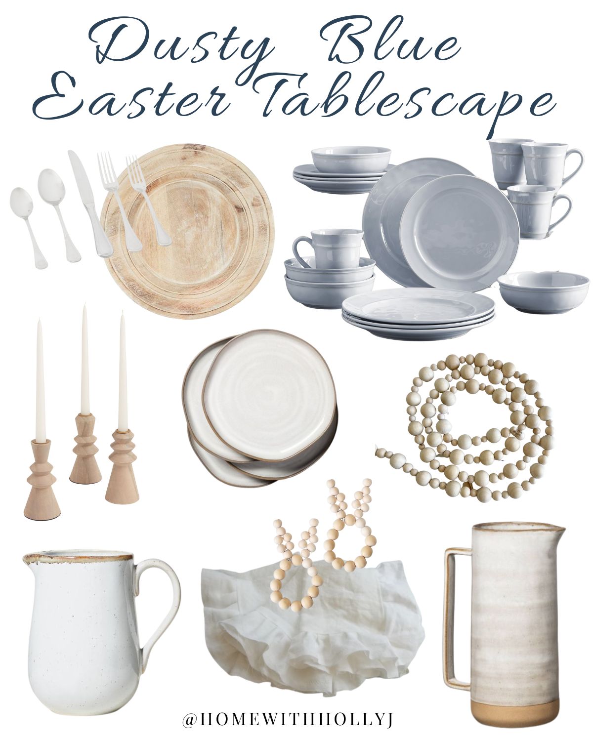 Create a beautiful tablescape for Easter with dusty blue and mango wood accents. Learn how to create this look right now!