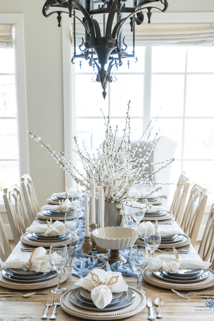 Dusty Blue Easter Tablescape with Mango Wood Accents