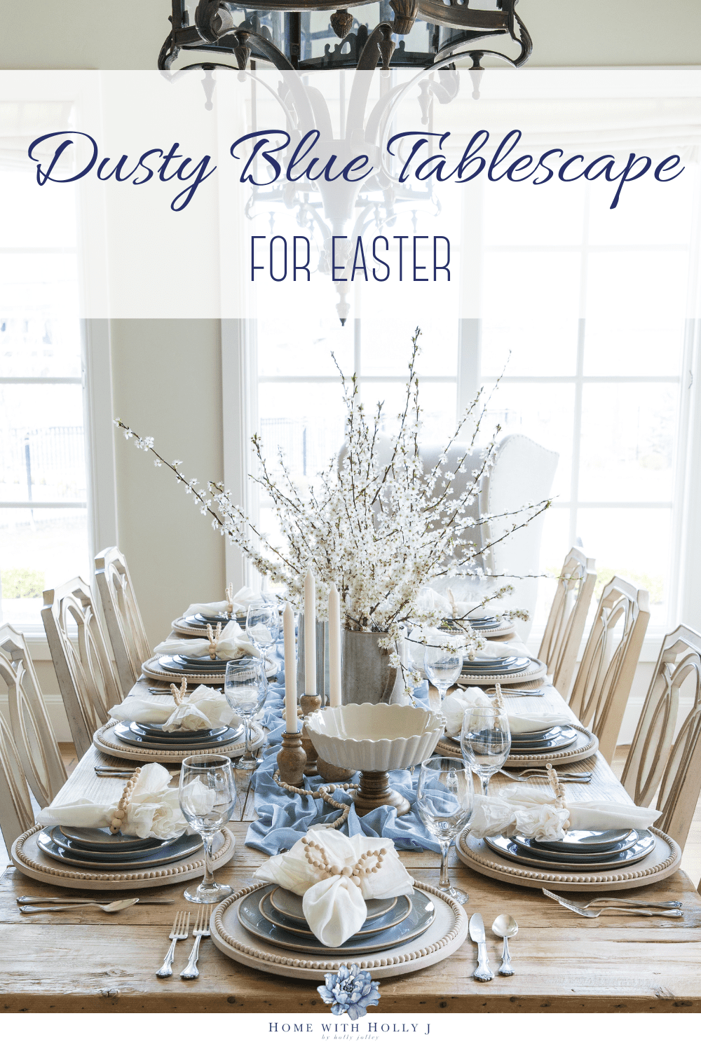 Create a beautiful tablescape for Easter with dusty blue and mango wood accents. Learn how to create this look right now!