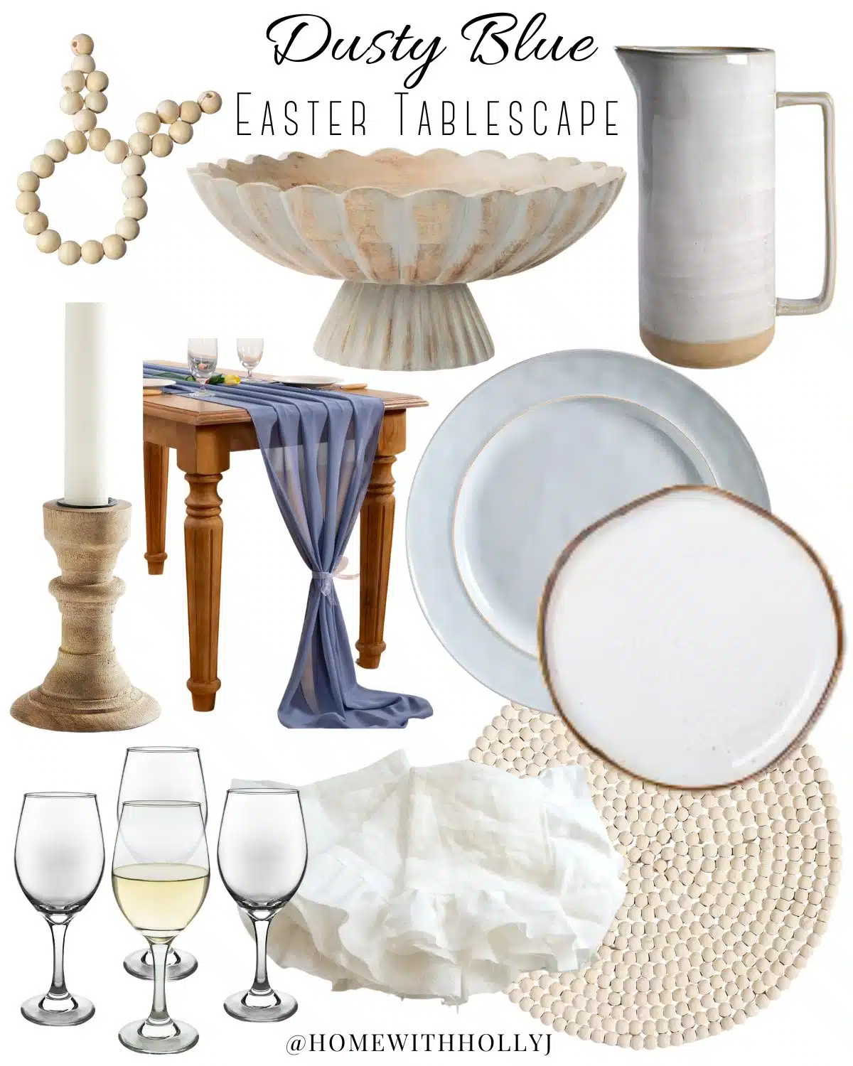 Create a beautiful tablescape for Easter with dusty blue and mango wood accents. Learn how to create this look right now!