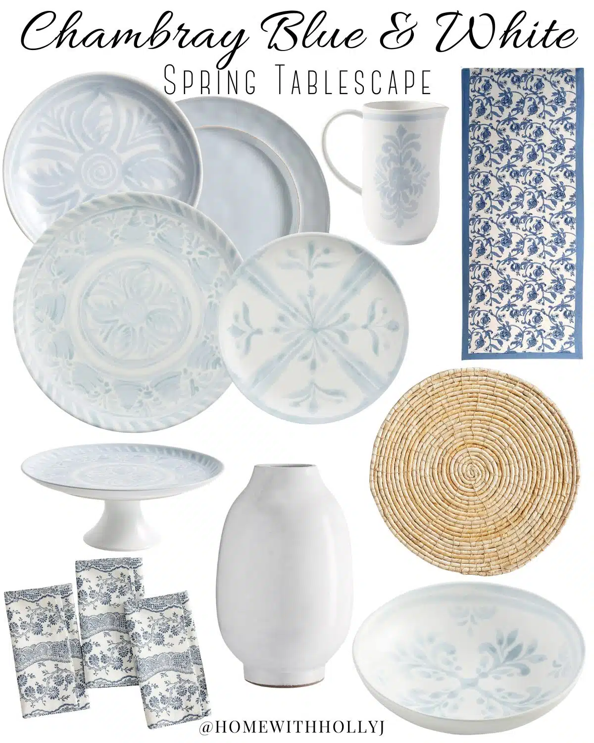 Design a fresh, bright, and inviting spring tablescape with chambray blue and white decor. Get inspired to create your own now.